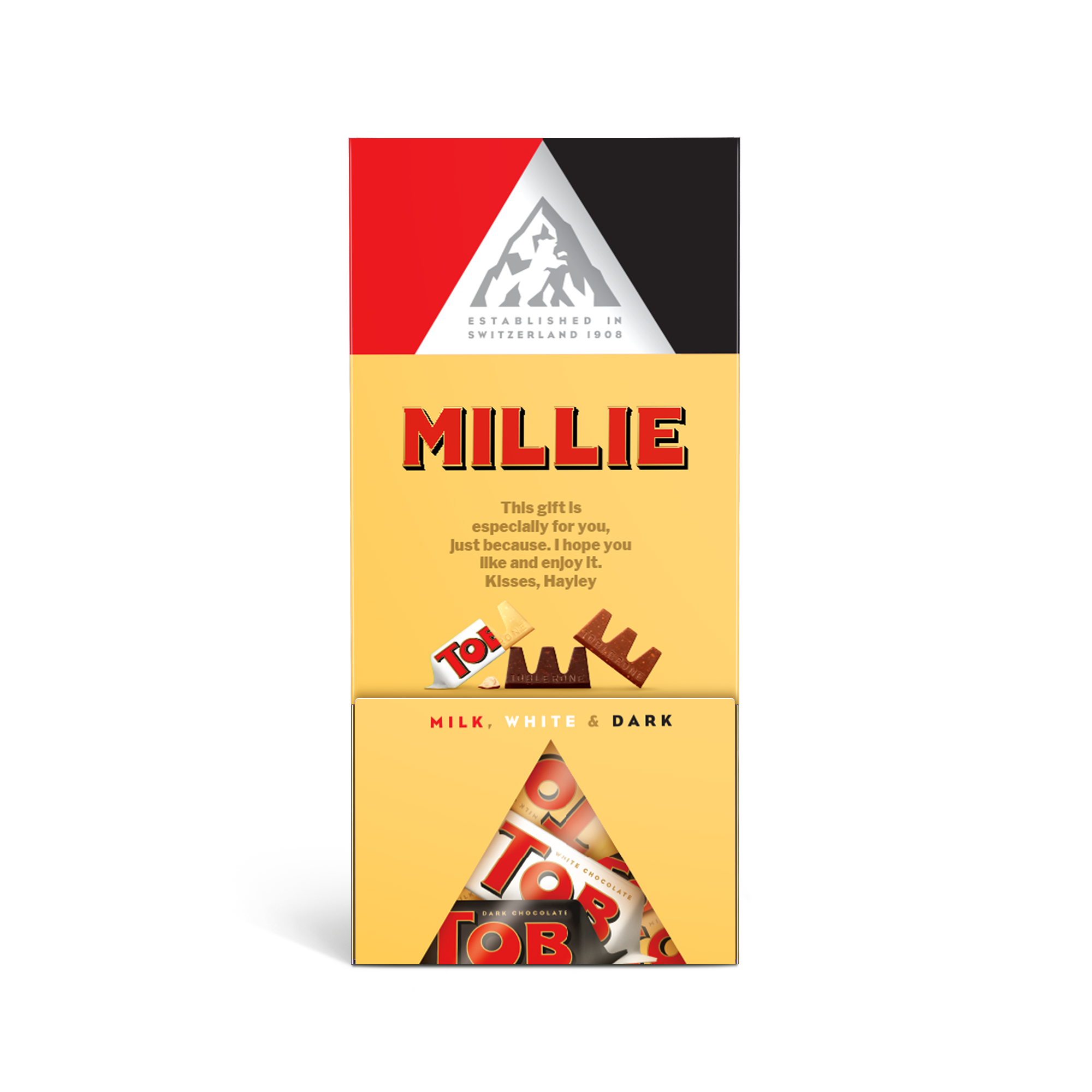 Dávkovač čokolády Toblerone s jménem Millie a vzkazem, potištěný plnobarevně.