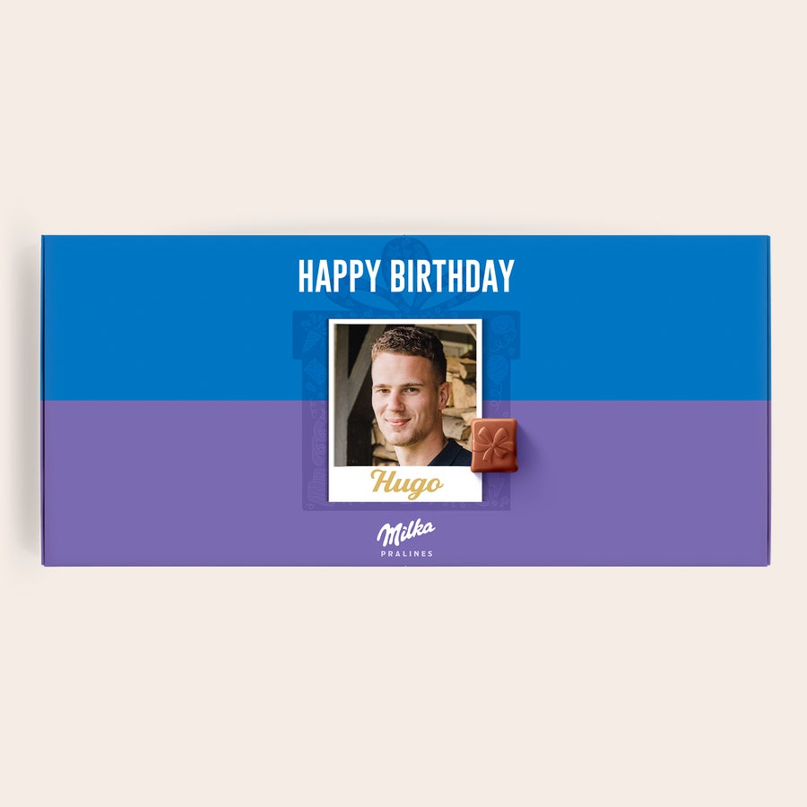 Personlig presentförpackning med Happy Birthday-choklad från Milka Personlig Milka-presentask med ett foto av Hugo och texten Happy Birthday, perfekt att gratulera någon på födelsedagen.