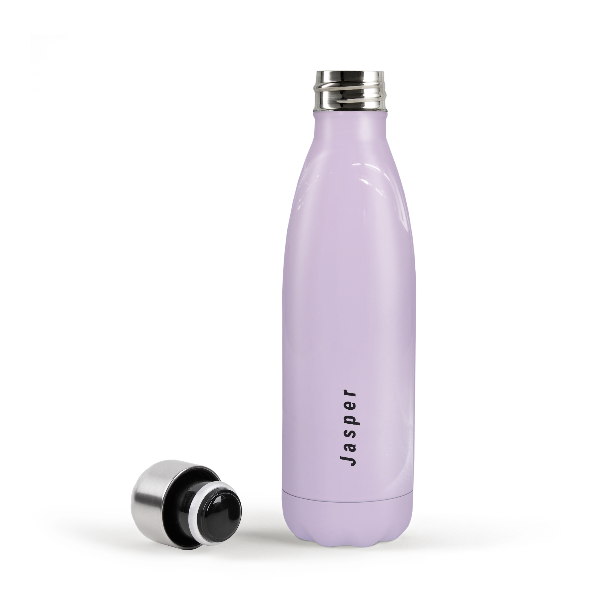 Termo morado personalizado con el nombre "Jasper" impreso en vertical y tapa plateada abierta.
