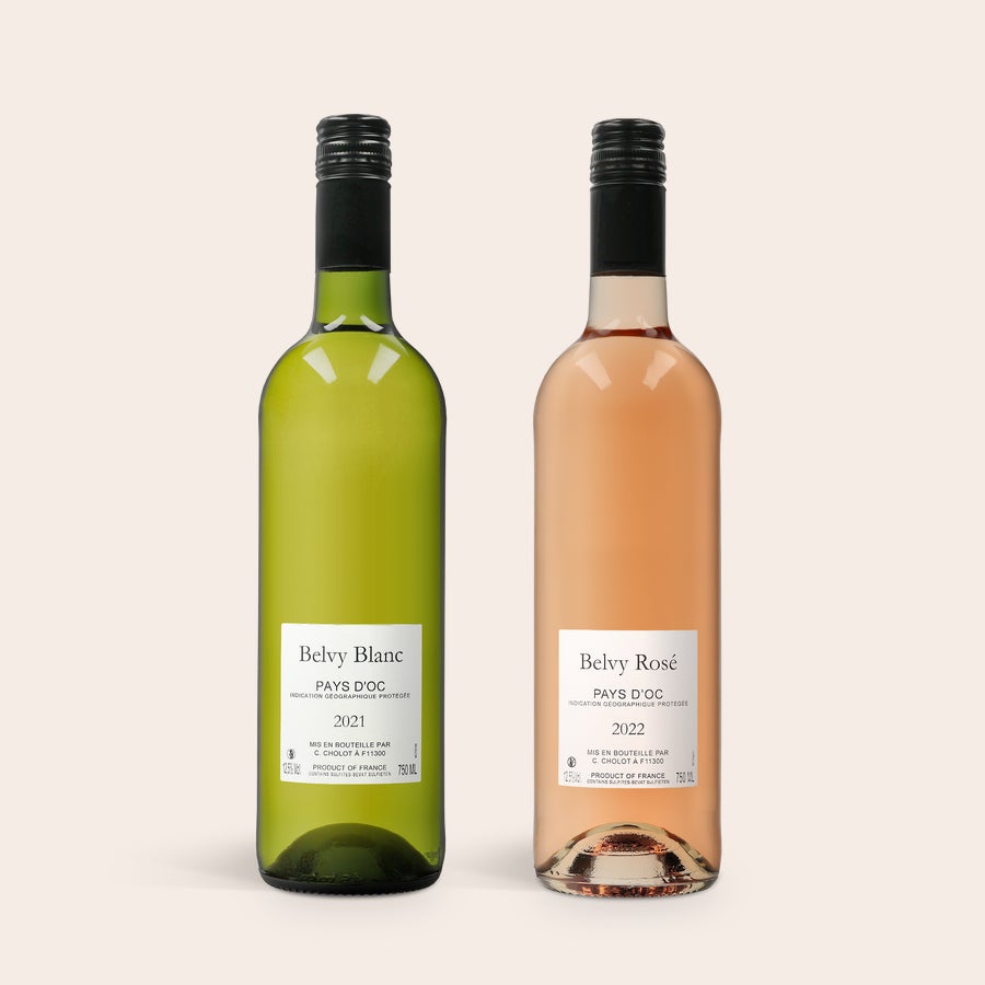 Dárkový set - Belvy - Červené, růžové a bílé Dárková sada Belvy white a rosé vína s personalizovatelným potiskem na dřevěném pouzdře.