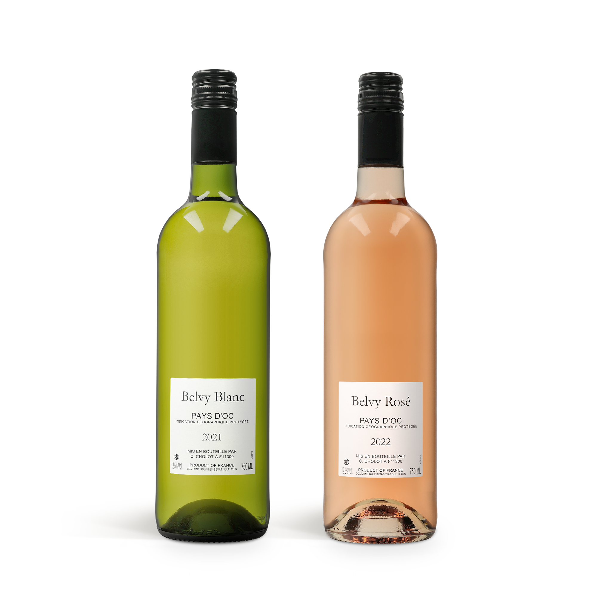 Fles Belvy Blanc witte wijn en Belvy Rosé roséwijn in een persoonlijk Belvy wijnpakket.
