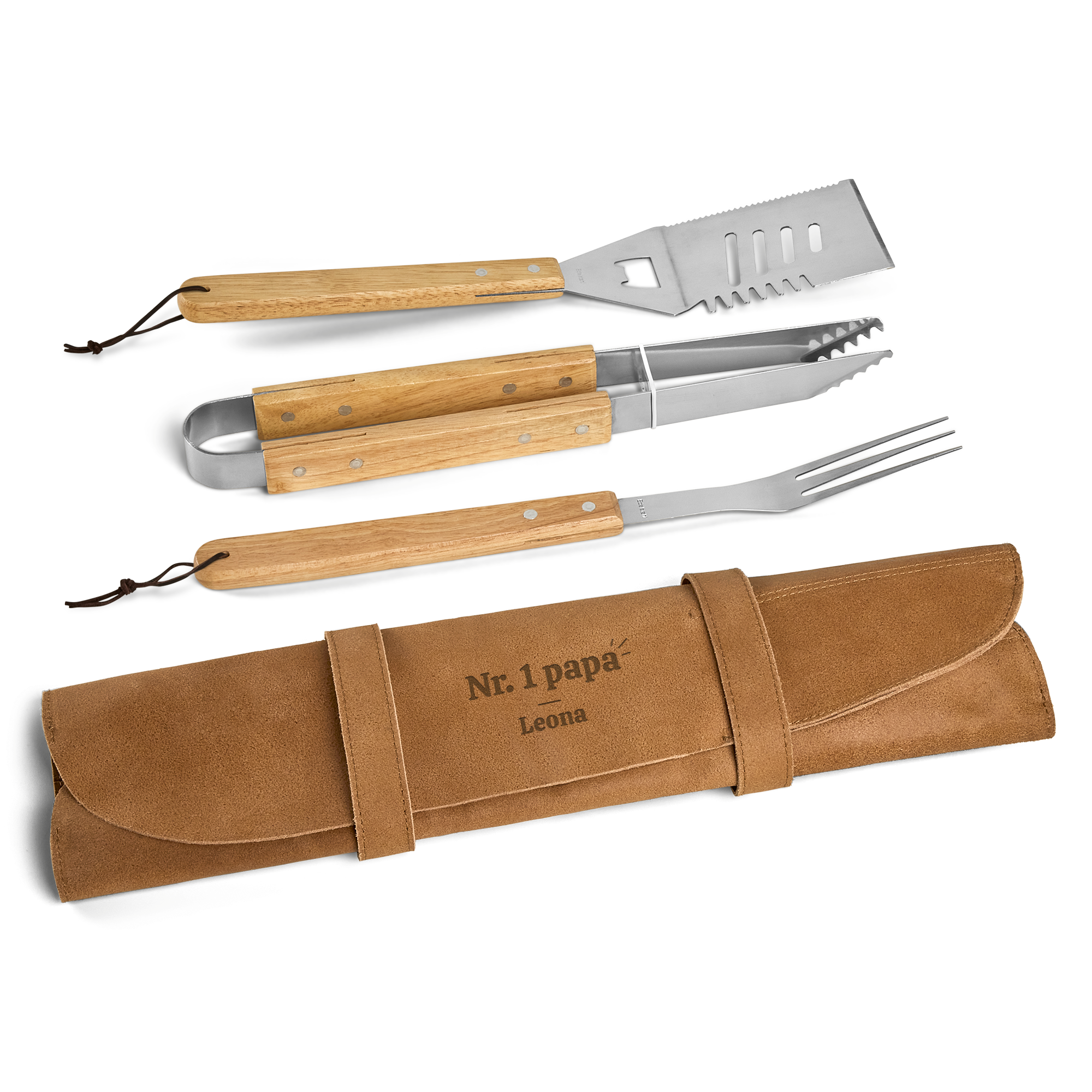 Grillbesteck Set aus Edelstahl und Eichenholz in brauner Ledertasche mit der Lasergravur "Nr. 1 Papa Leona" zum Überrasche den größten Grillmeister