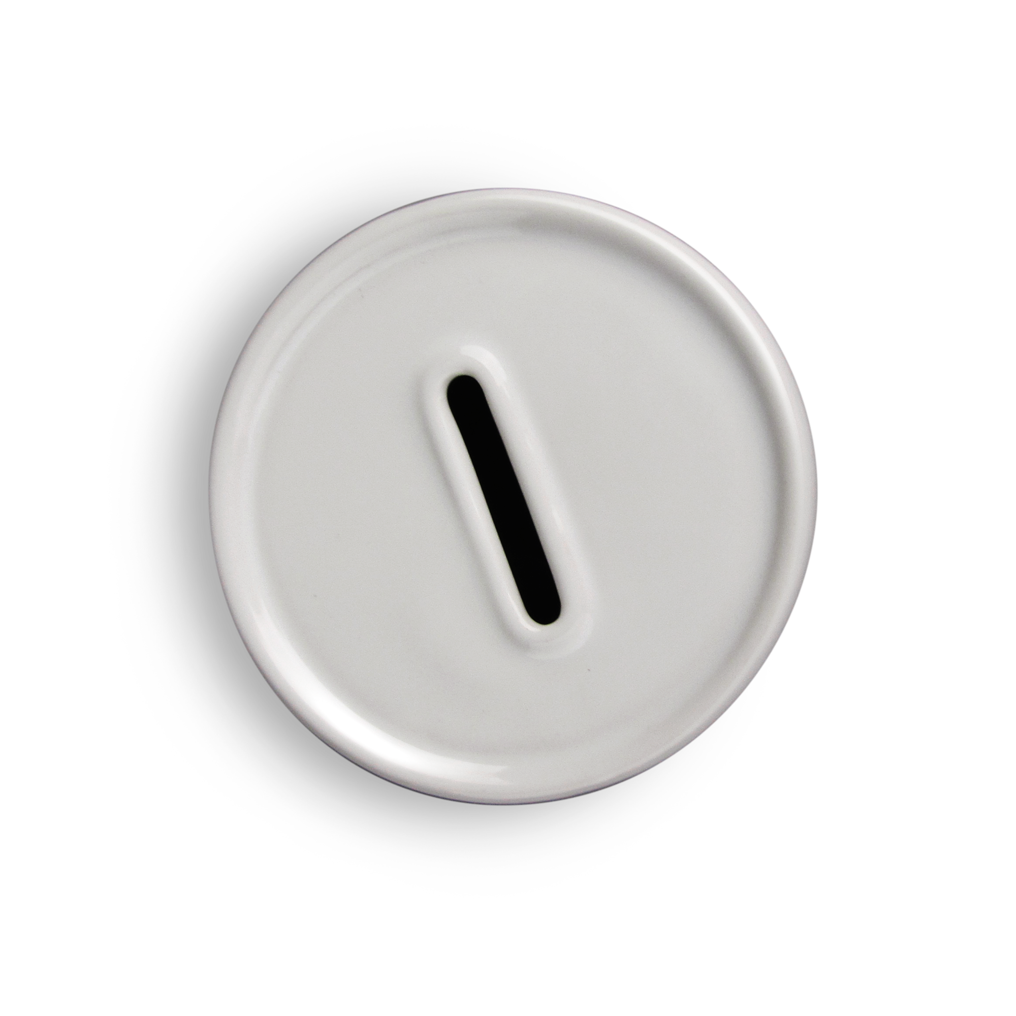 Weißer Deckel einer personalisierten Sparbüchse mit Geldschlitz, ein ideales Geschenk zur Kommunion.