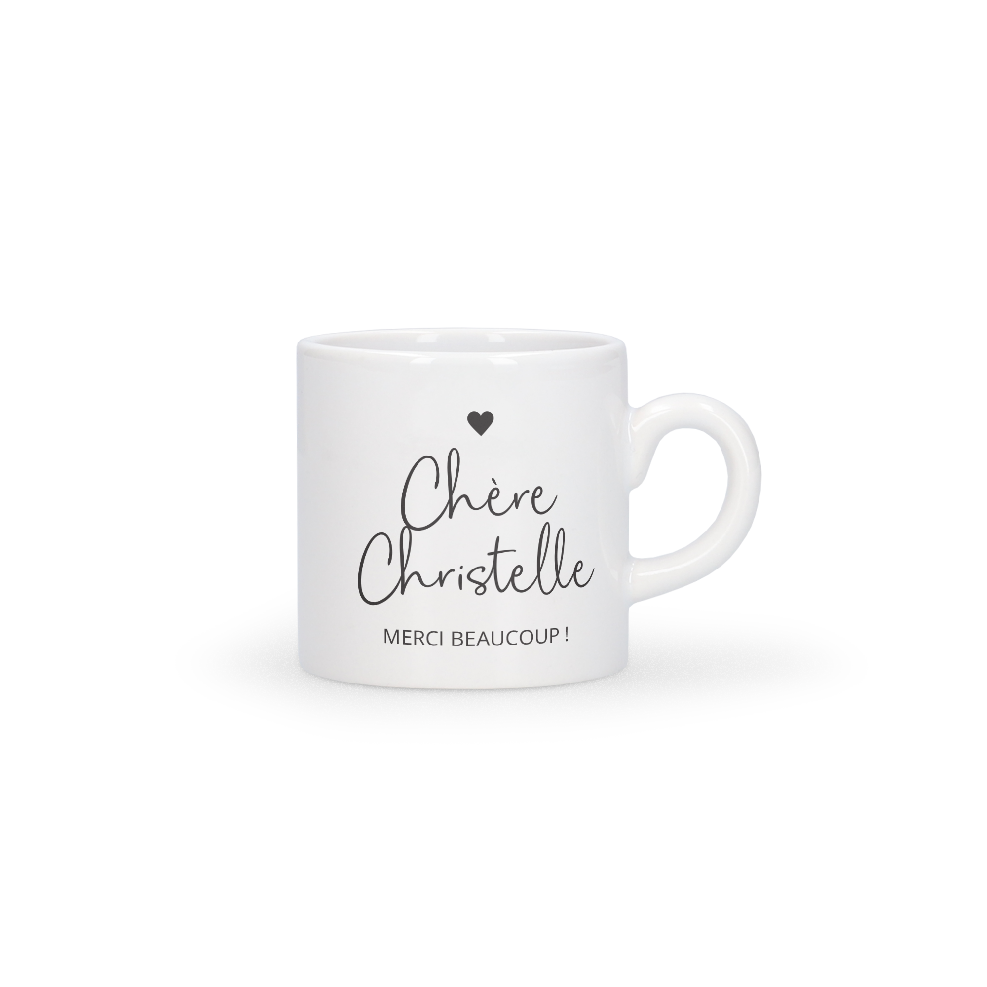 Tasse à expresso personnalisée blanche, imprimée avec Chère Christelle, un cœur et MERCI BEAUCOUP