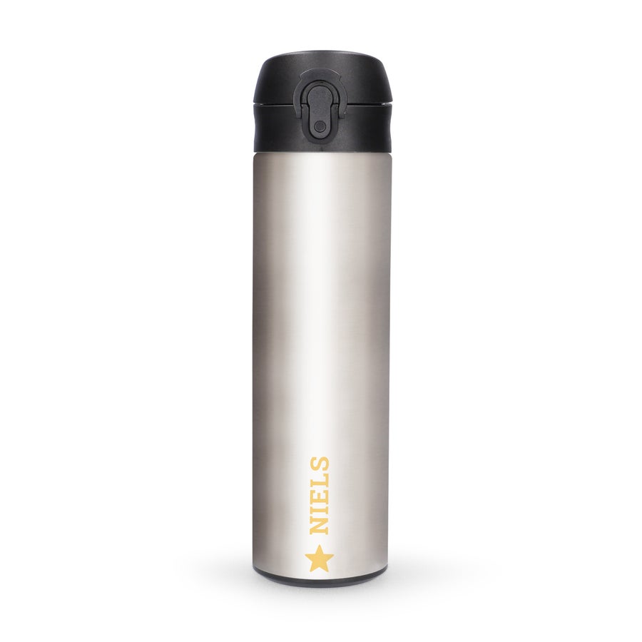 Thermos bedrukken Luxe zilverkleurige waterfles met naam Niels en ster, bedrukt met eigen foto.