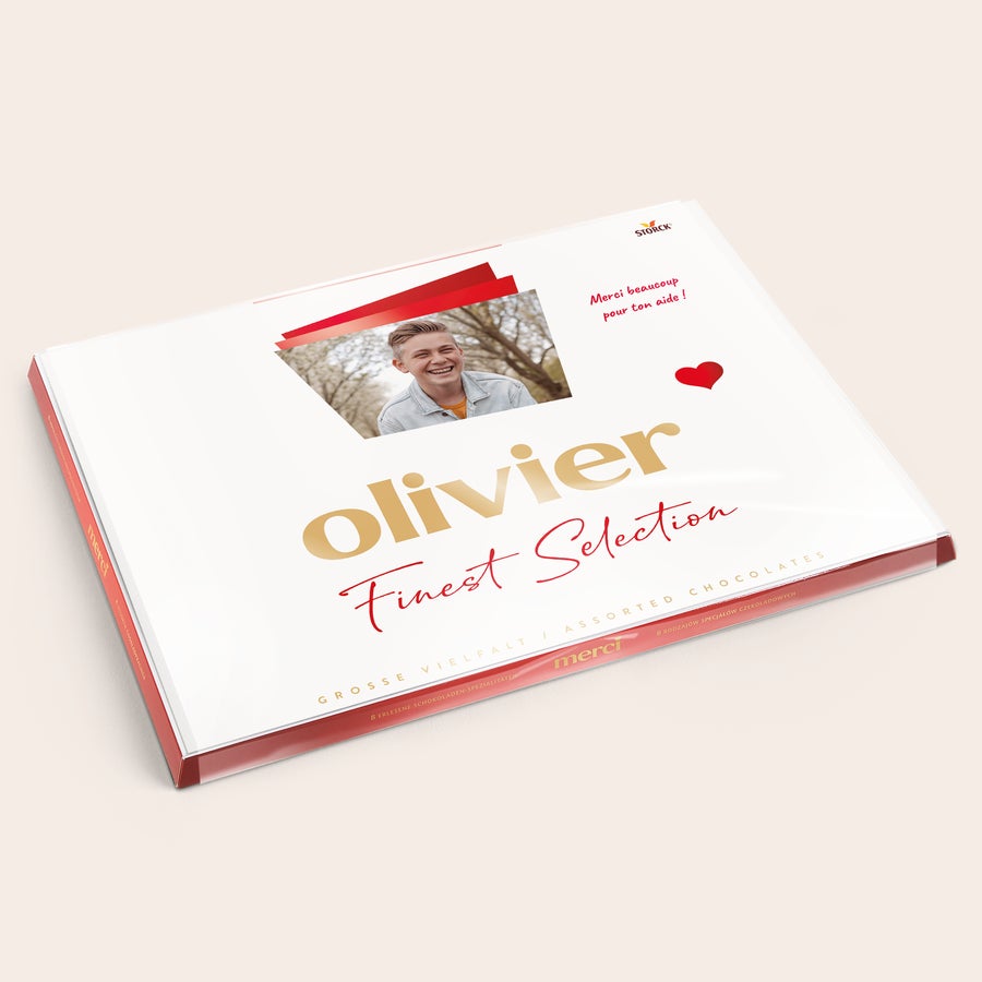 Chocolat Merci Finest Selection avec carte de vœux Mélange de chocolats Merci Finest Selection avec carte personnalisée - 675 grammes avec photo et nom Olivier