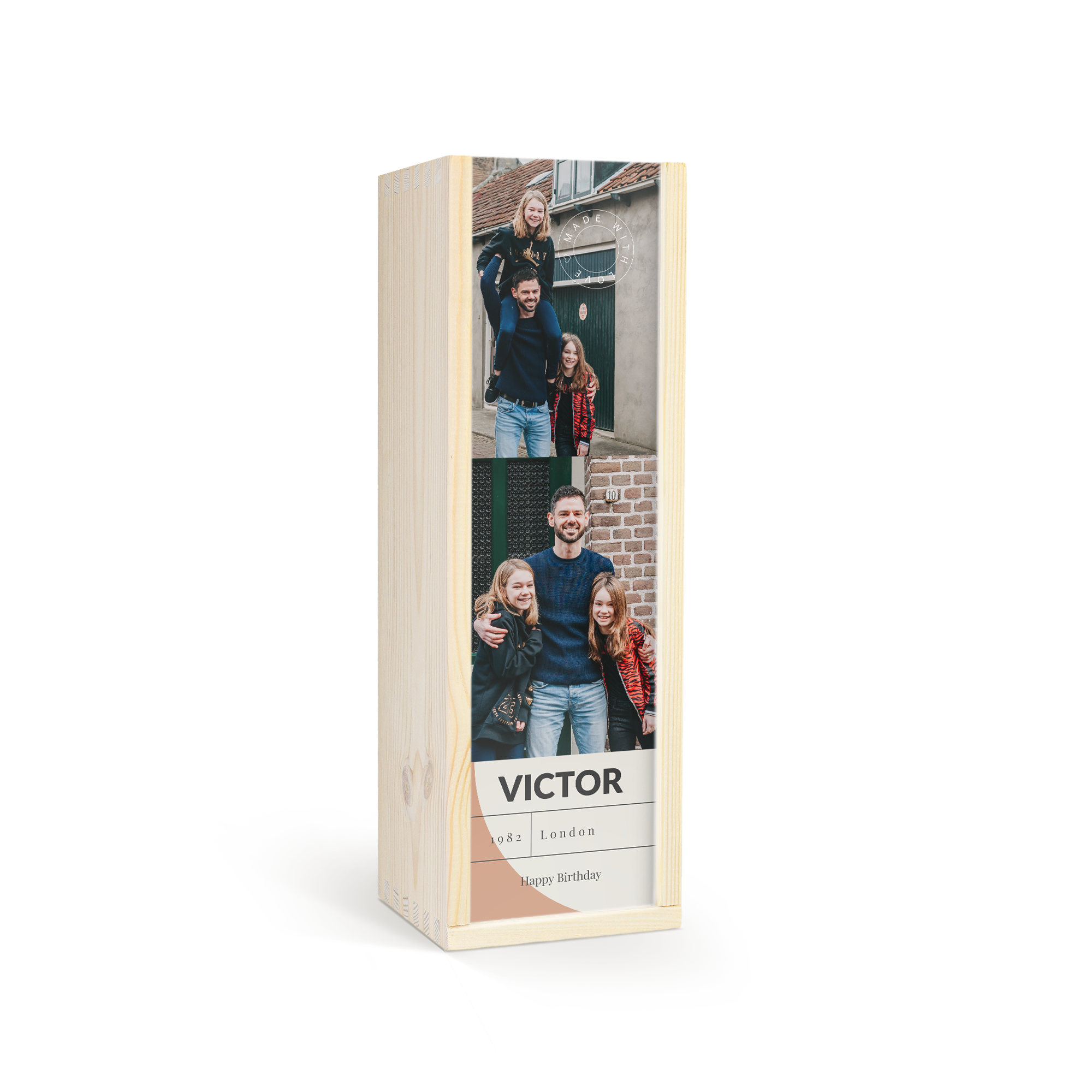 Wooden gift box for whisky with a printed photo and the text Victor 1982 London Happy Birthday, a great custom box for whisky.