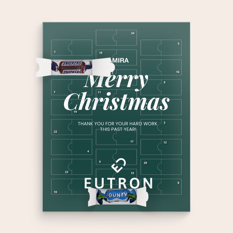 Calendario dell'avvento personalizzato Mars Miniatures Calendario dell'avvento personalizzato Mars Miniatures verde con nome Amira, scritta Merry Christmas, logo Eutron e messaggio Thank You for Your Hard Work This Past Year stampati