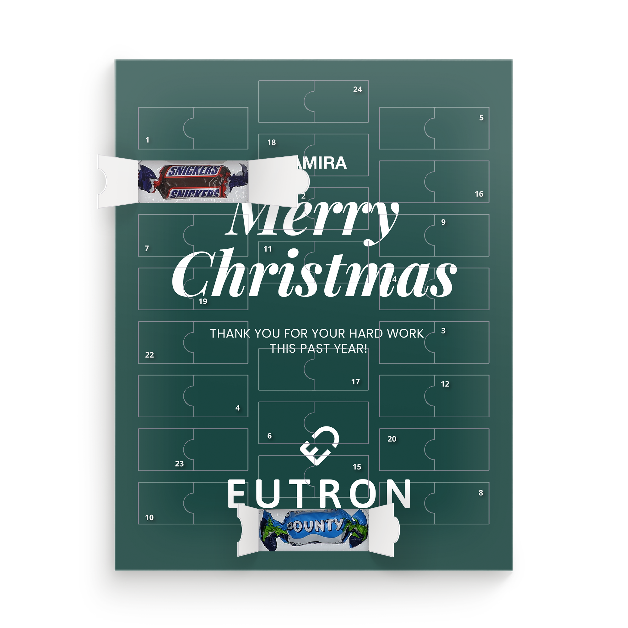 Személyre szabott Mars miniatűr adventi naptár Amira névvel, Merry Christmas felirattal és EUTRON logóval, kinyíló ajtók Snickers és Bounty csokoládéval