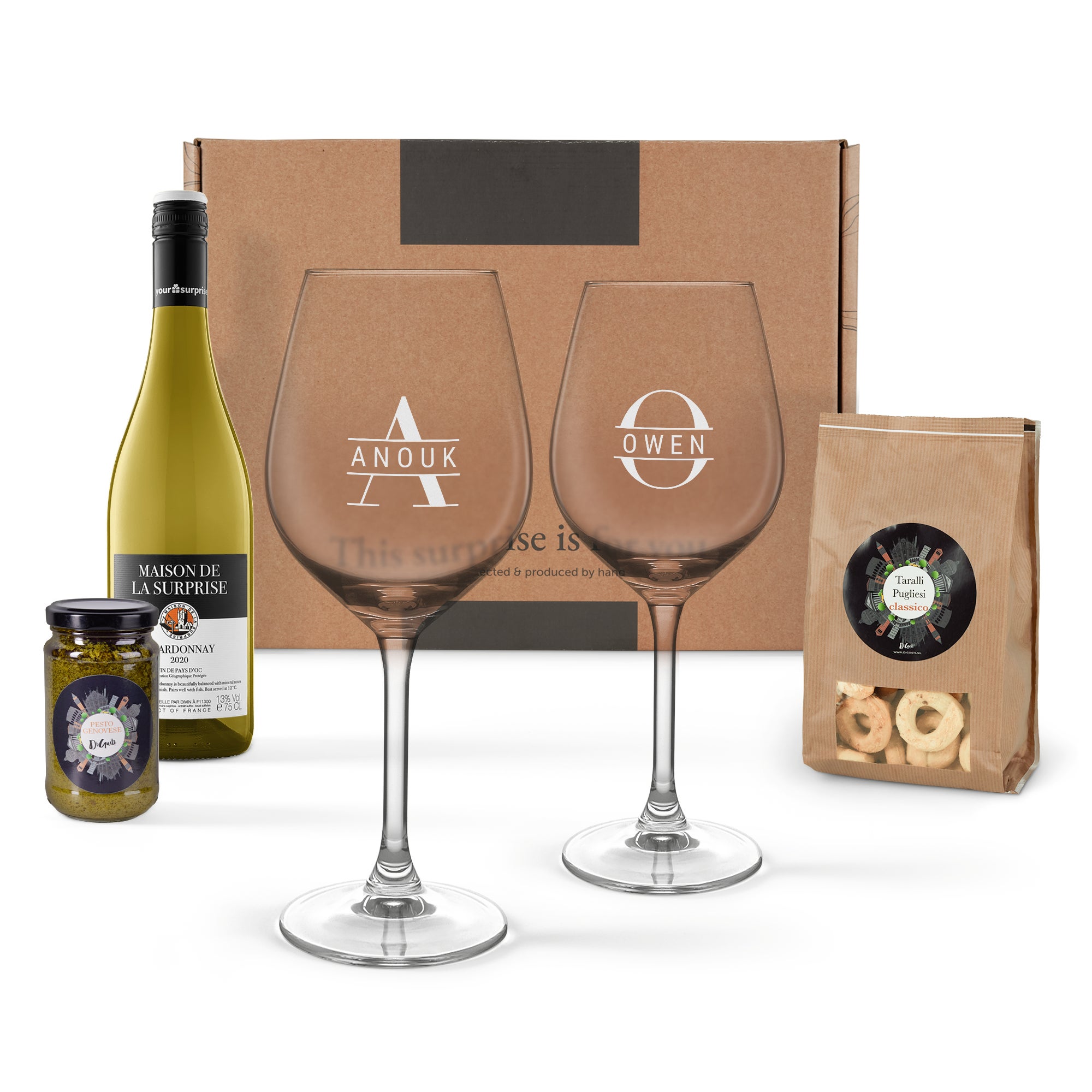 Wein Geschenkset mit Weißwein, gravierten Gläsern Snacks  - Onlineshop YourSurprise