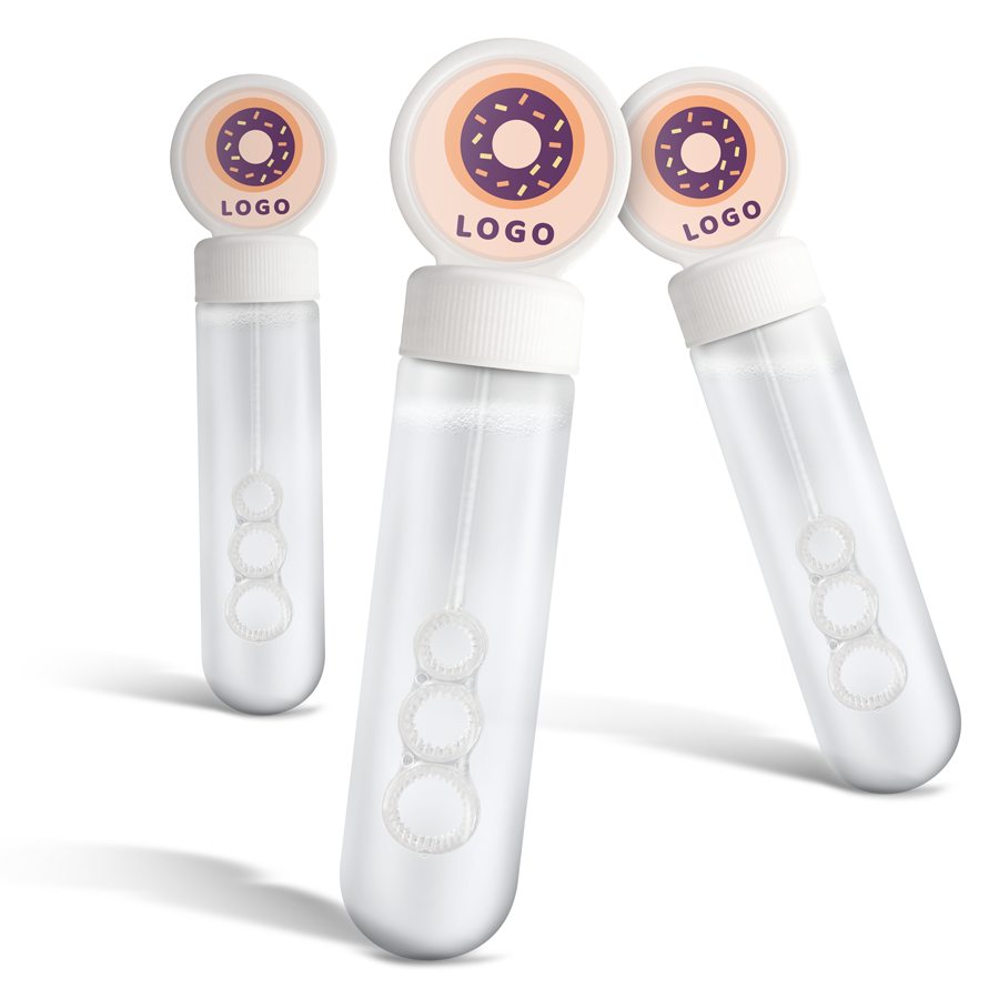 Tre morsomme bobler med egendefinert smultringdesign og logo på etiketten.