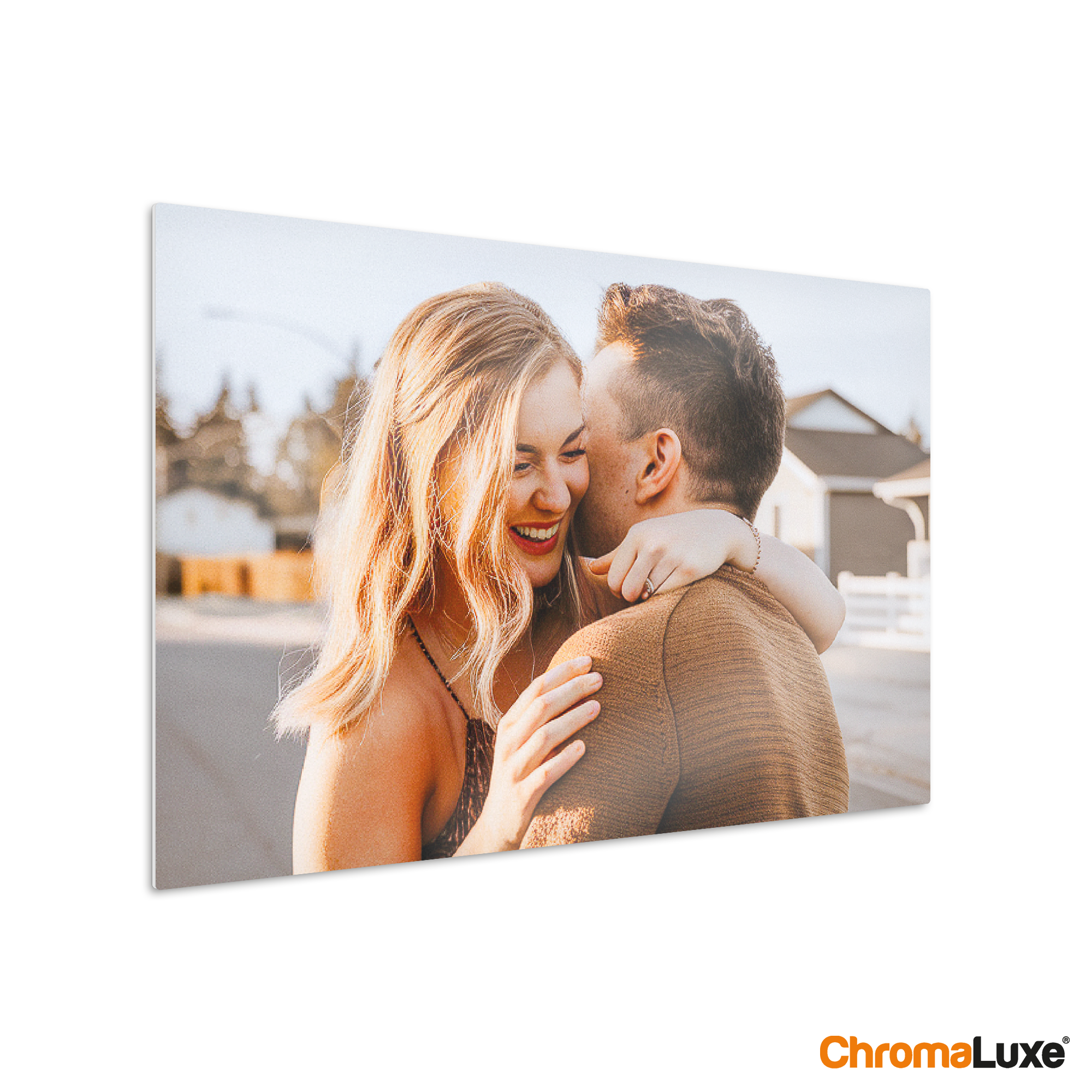 Aluminium Instacollage met gedrukte Instafoto van een lachend stel, voor jouw Instafoto's direct aan de muur