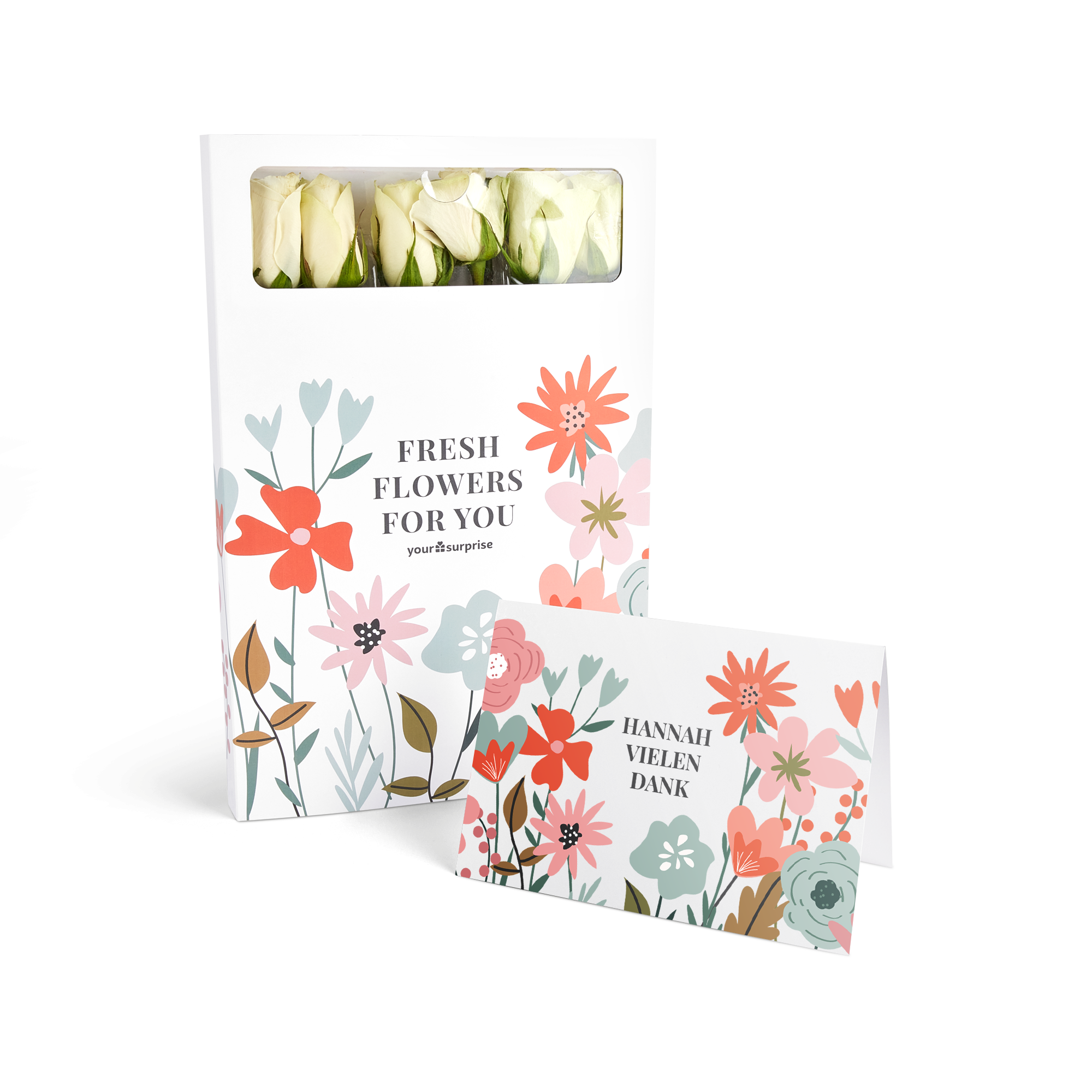 Verschicke echte Briefkastenblumen: weiße Rosen in einer Geschenkbox mit floralem Muster und einer personalisierten Karte mit Text Hannah vielen Dank
