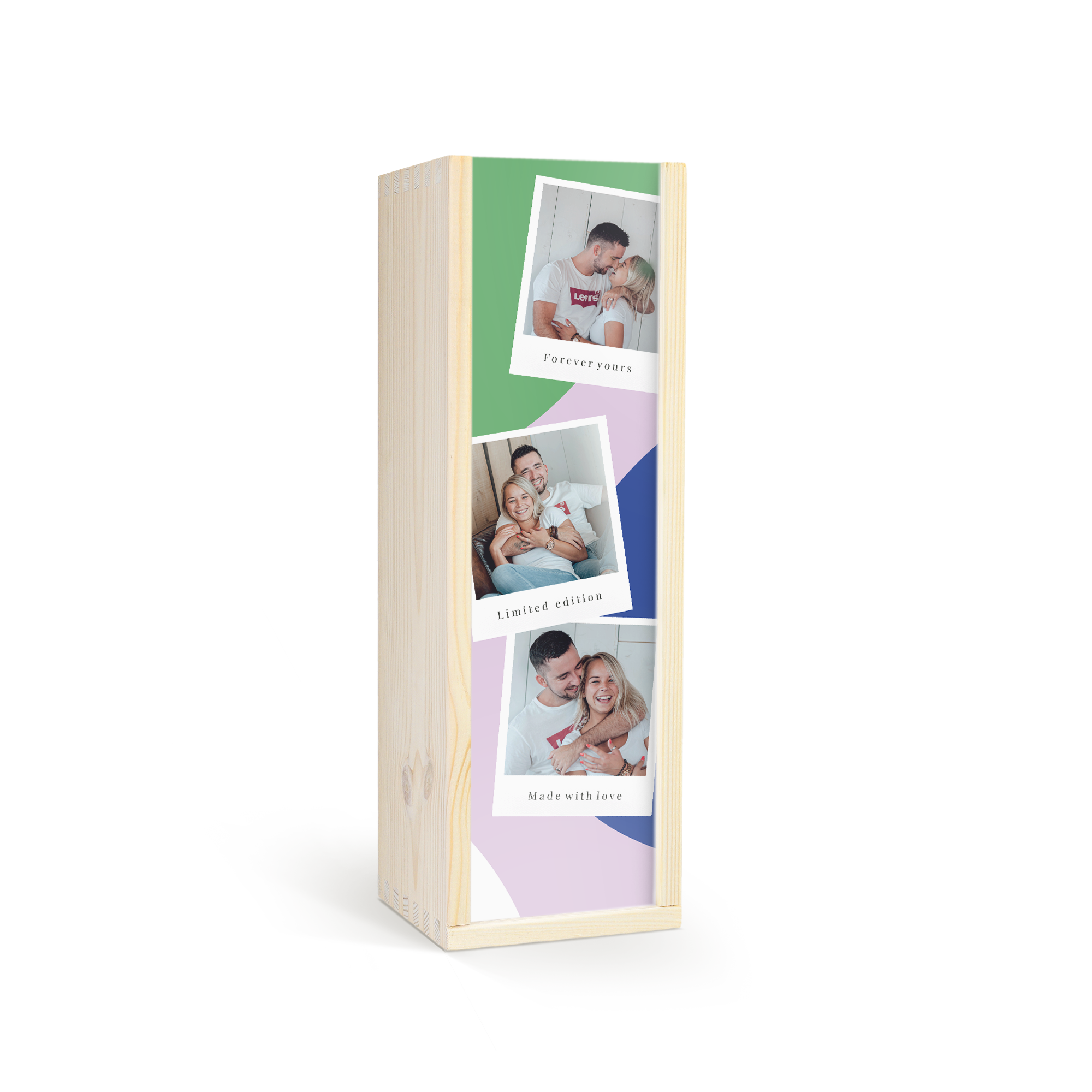 Houten likeur kist met gepersonaliseerde fotocollage, bedrukt met een foto en tekst voor Cheers!