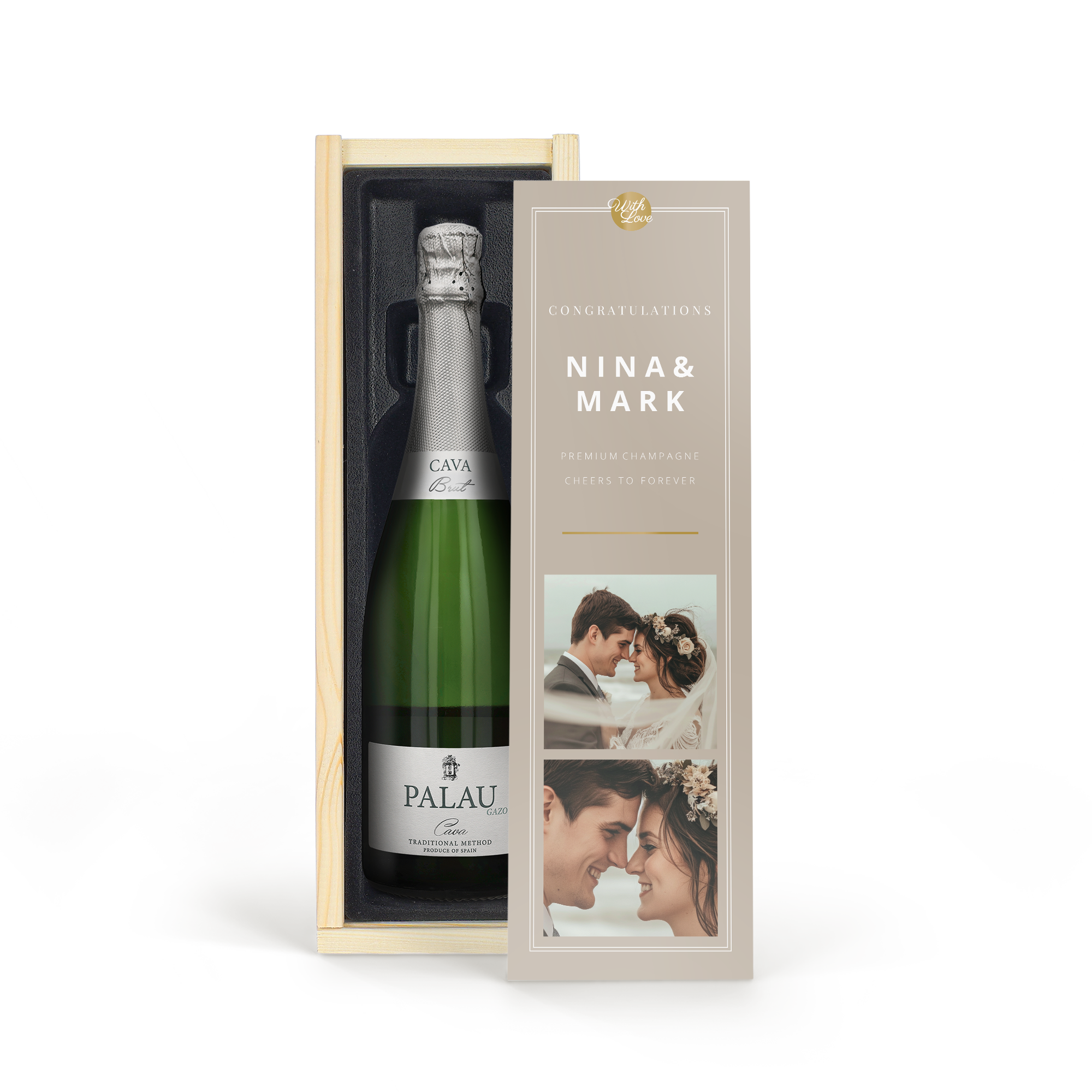 A bottle of Palau Gazo cava in a wooden case with a personalized sleeve showing "Nina & Mark" and two wedding photos.