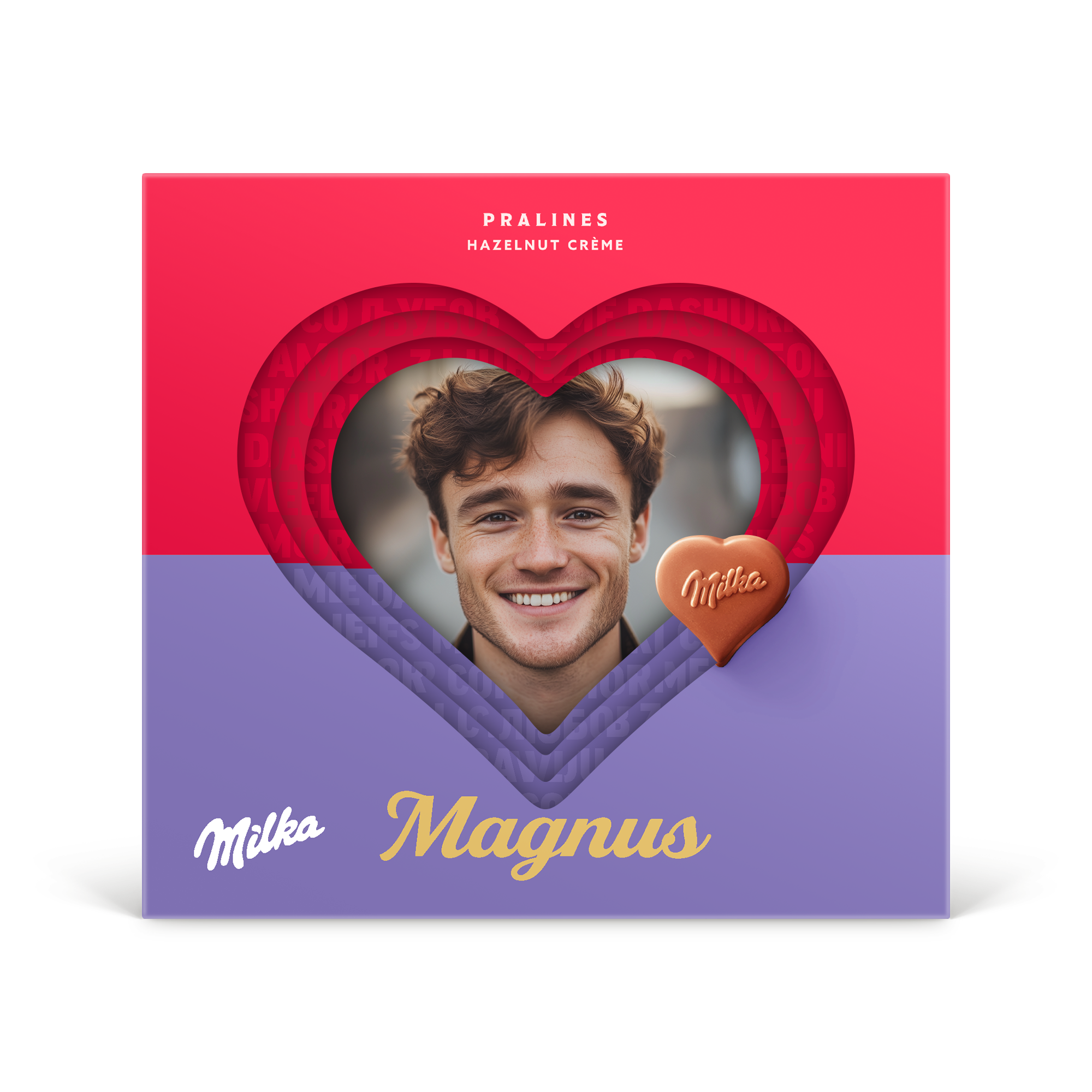 Personlig Milka Hearts 3D-gaveeske med bilde av en mann og navnet Magnus, trykt.