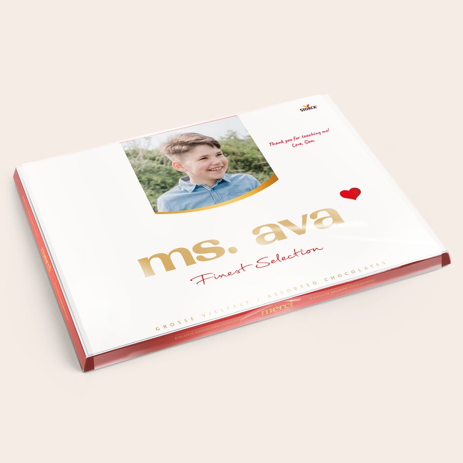 Merci čokolada s kartico Bela Merci škatla s personalizirano kartico z natisnjeno fotografijo otroka in sporočilom