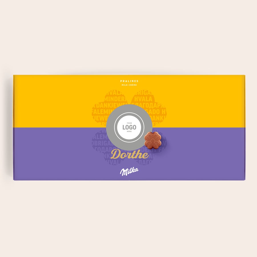 Milka Pralines - Thank You En personlig Sig det med Milka chokolade gaveæske med DORTHE, logo og tak på flere sprog.
