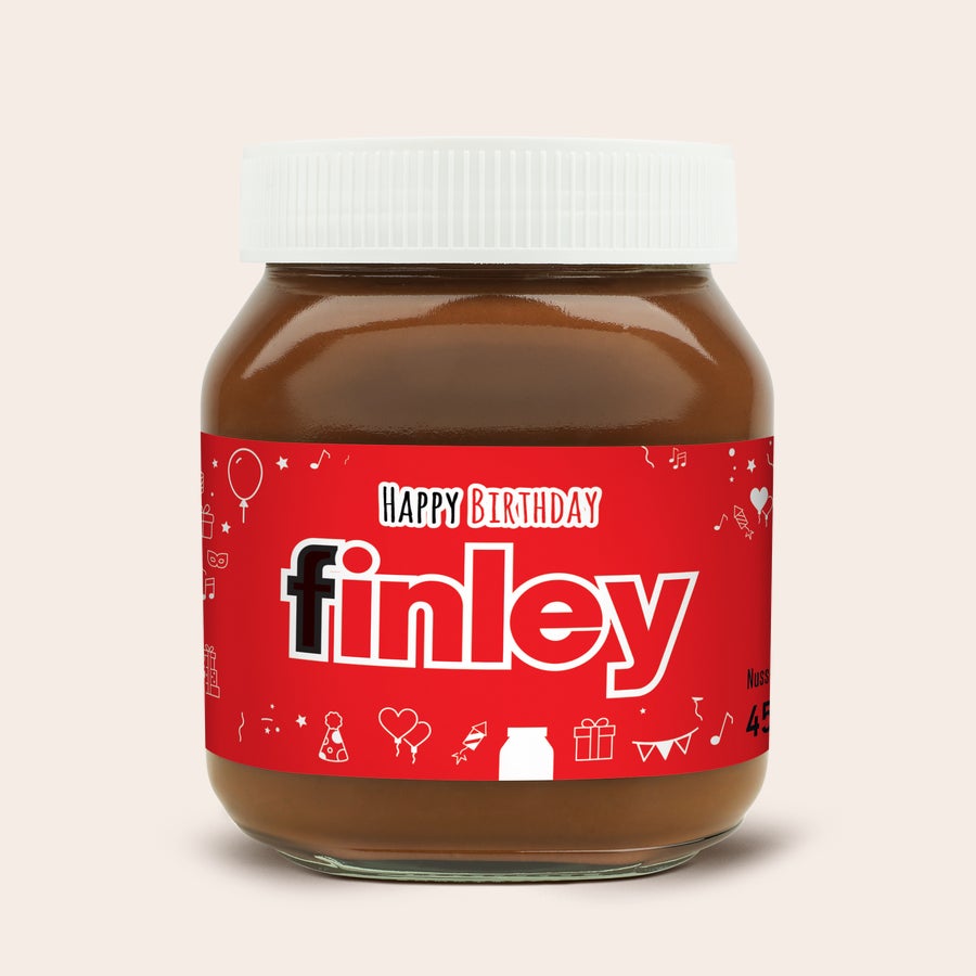 Personalisiertes nutella®-Glas nutella Glas personalisiert mit dem Namen Finley und Happy Birthday auf rotem Etikett, bedruckt