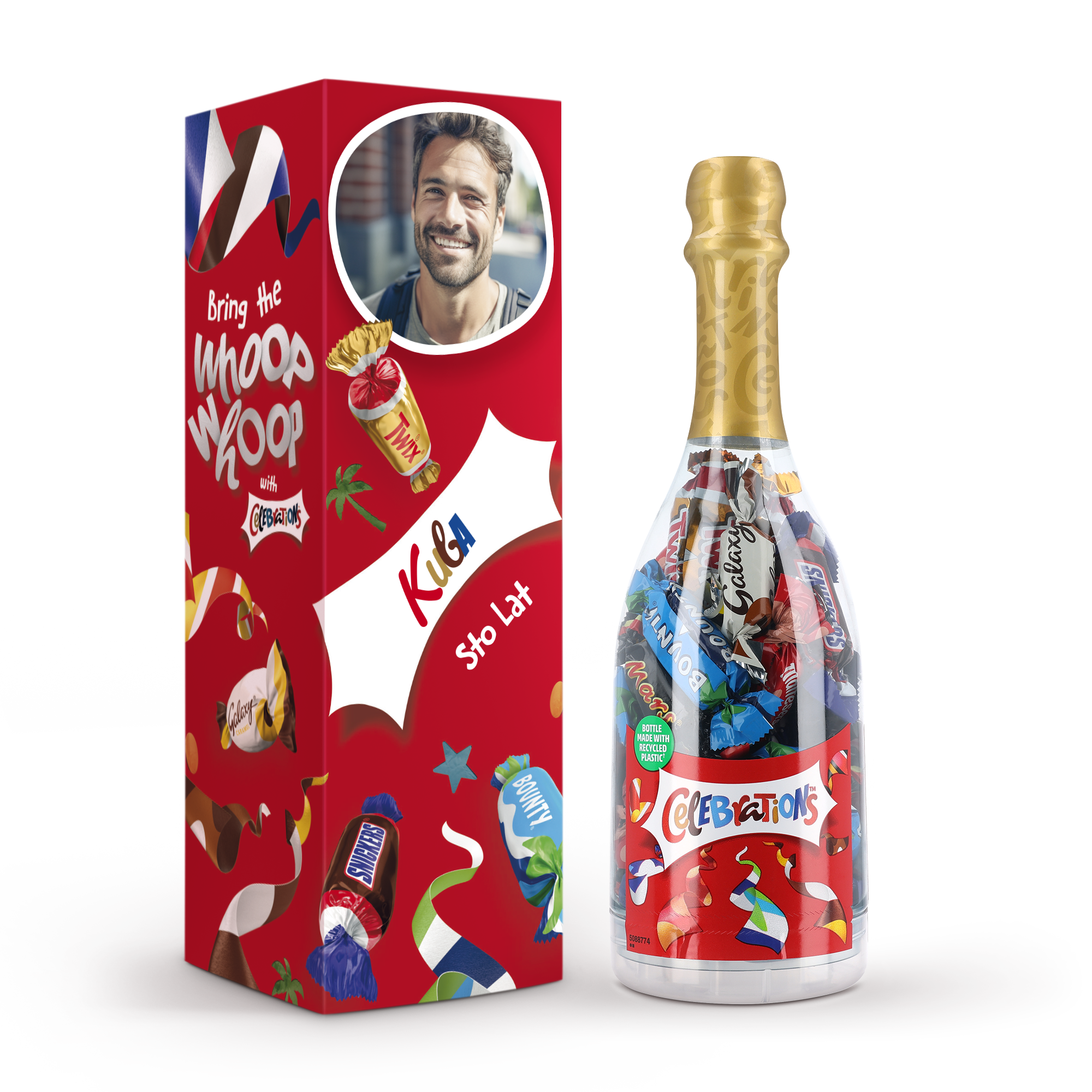 Personalizowana butelka z cukierkami Celebrations, ze zdjęciem, imieniem Kuba i tekstem Sto Lat.