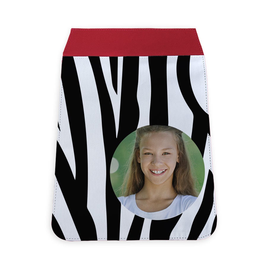 Ekstra deksel til personlig veske med sebradesign og sirkulært foto av en smilende jente, trykt i full farge.