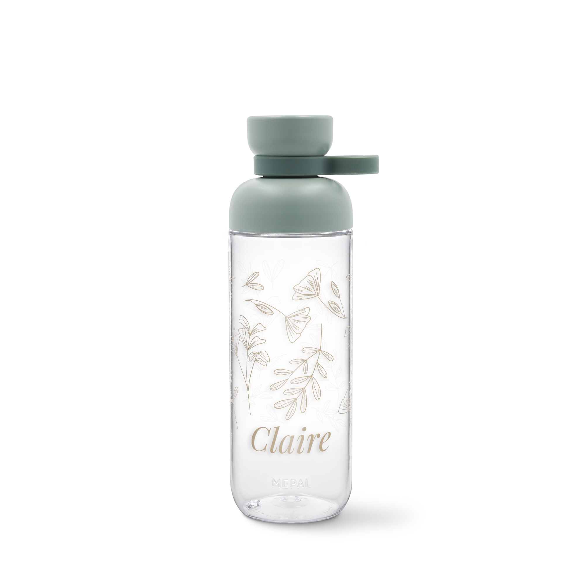 Bouteille d'eau Mepal transparente personnalisée avec le nom Claire et un motif floral imprimé. Chaque gorgée sera un moment spécial.