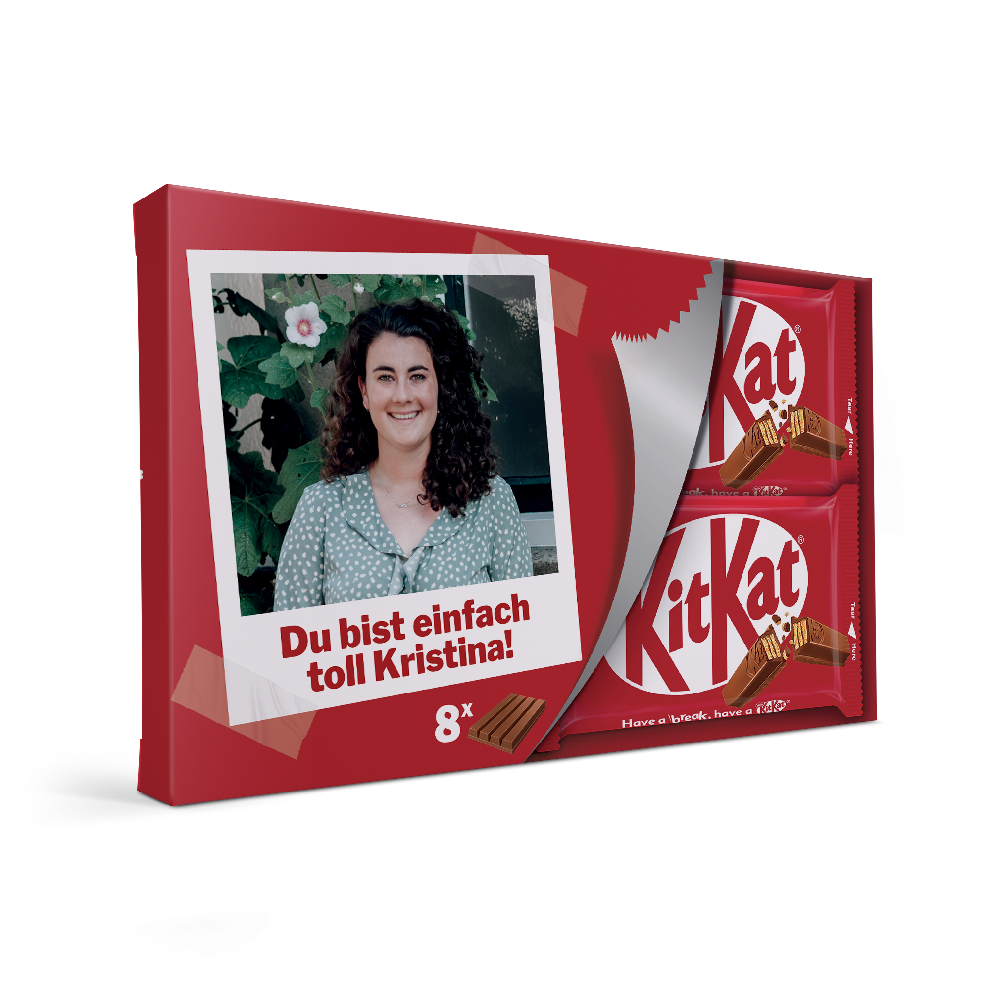 KitKat Geschenk mit Namen und Foto personalisiert, zeigt eine Frau im Bild mit dem Text Du bist einfach toll Kristina