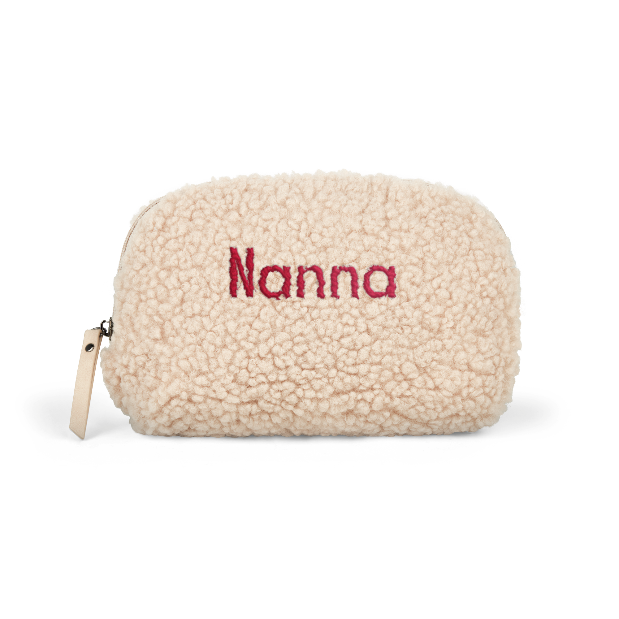 Super blød plys makeup taske med navnet "Nanna" broderet i rød tråd foran