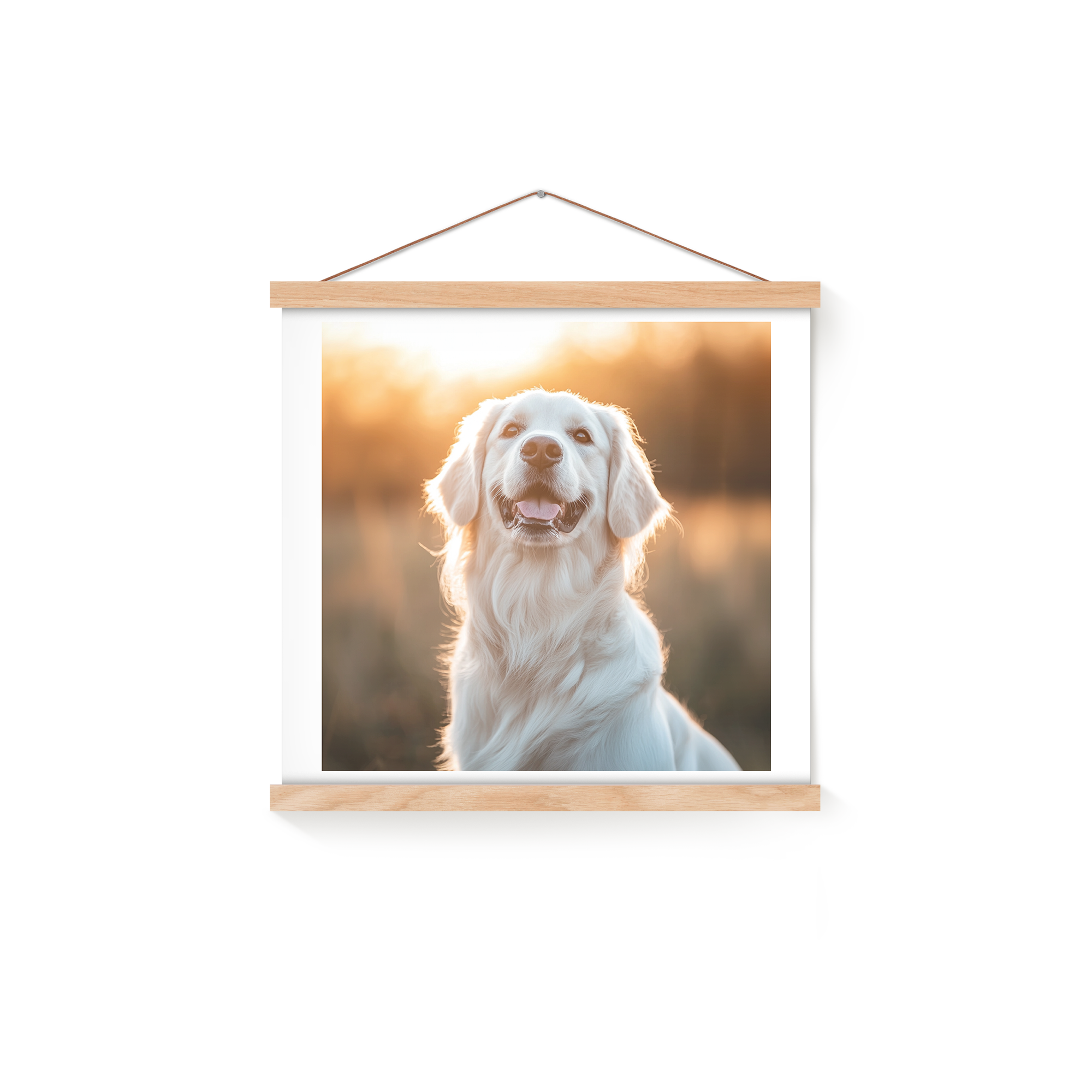 Gepersonaliseerde fotoposter met gouden retriever, magnetisch opgehangen in een eikenhouten posterhanger.