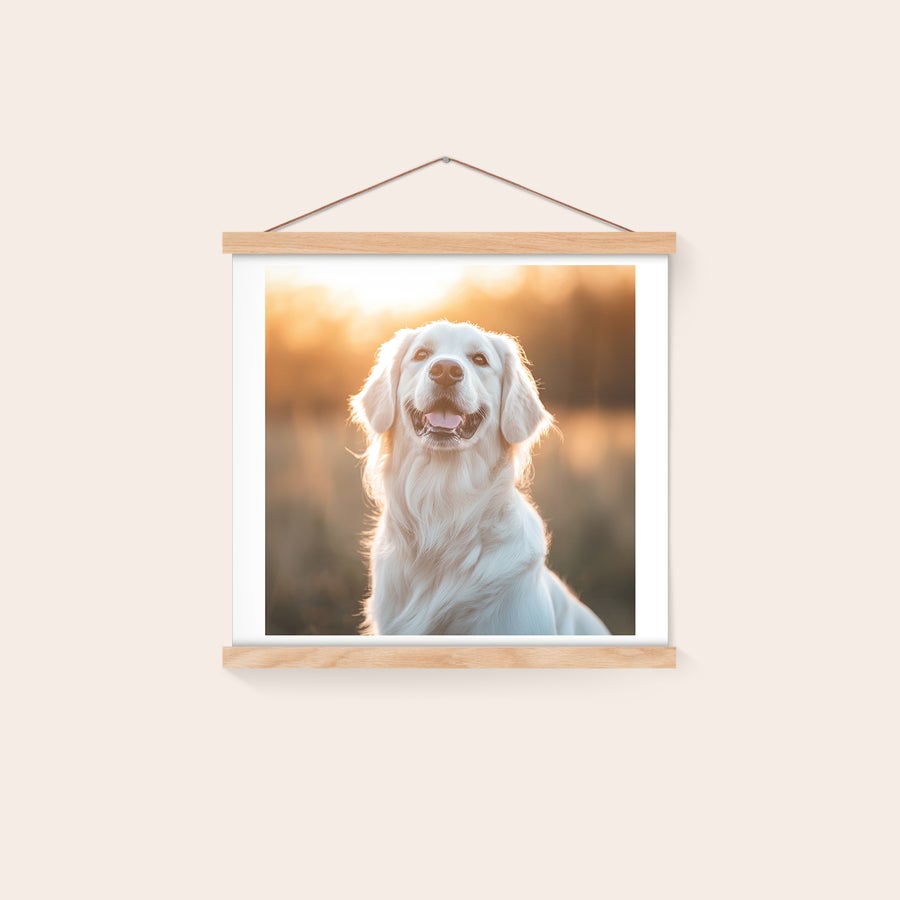 Poster personalizat cu agățător Agățați cel mai frumos moment foto pe perete cu un poster personalizat, imprimat cu un câine Golden Retriever.