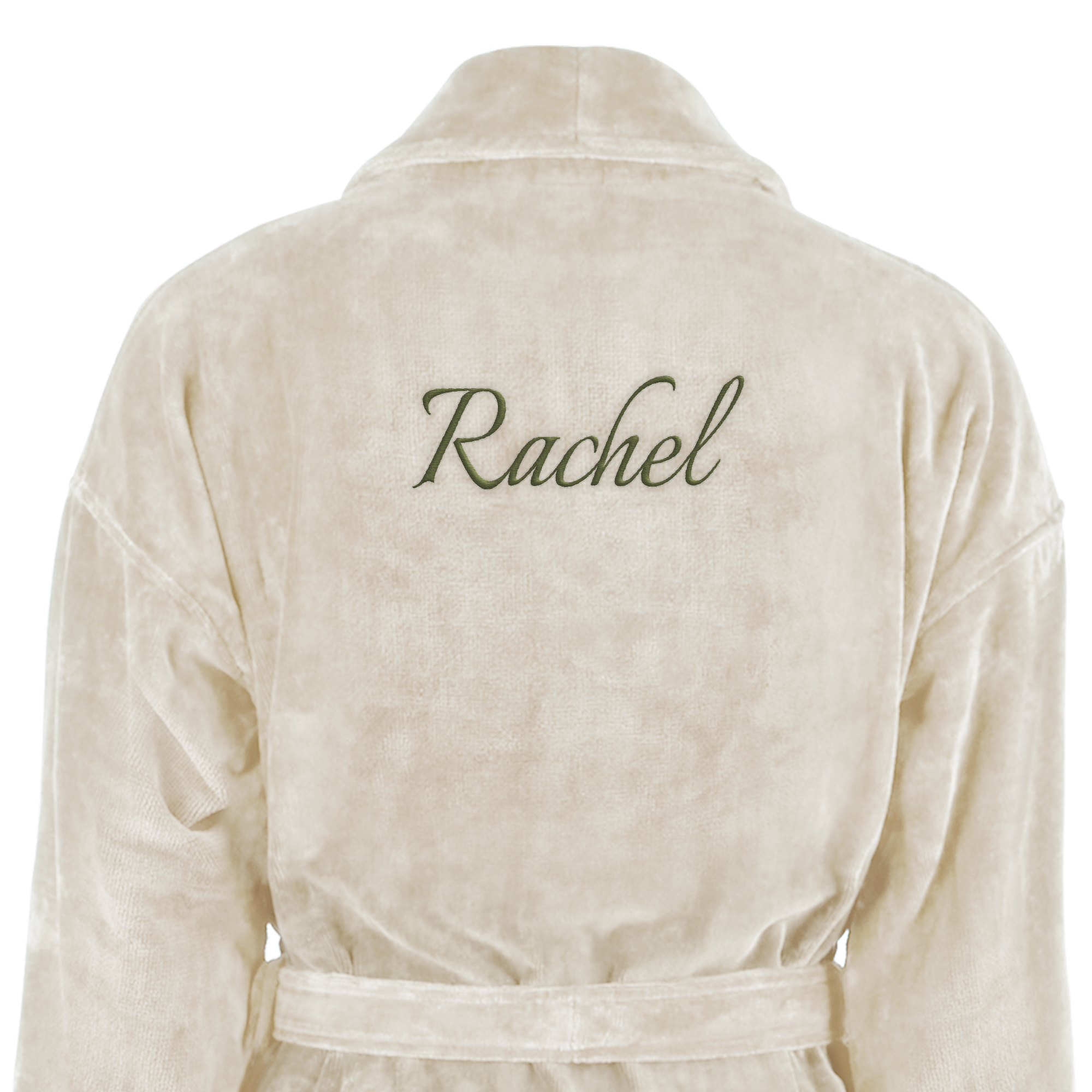 Halat de baie lux personalizat, crem, cu numele Rachel brodat verde pe spate
