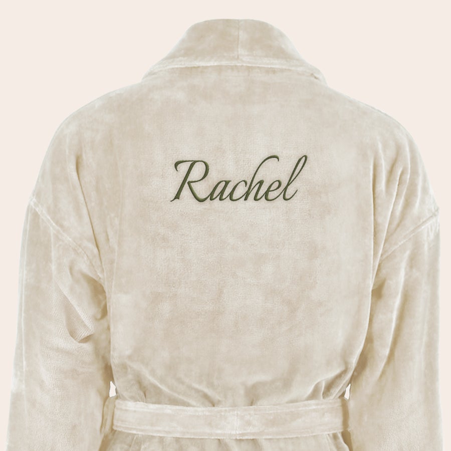 Kopalni plašč - ženske Bež personaliziran kopalni plašč z izvezenim imenom Rachel zadaj, razkošen in mehak.