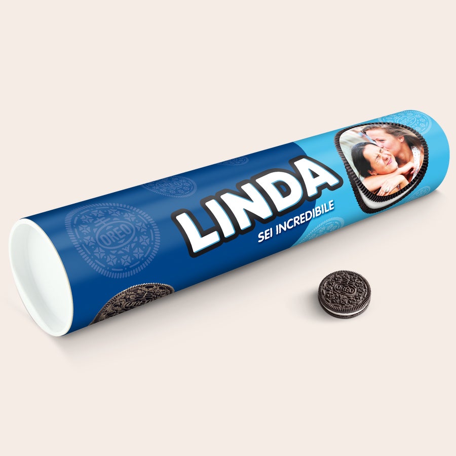 Tubo regalo Oreo XXL personalizzato Tubo regalo Mega Oreo blu personalizzato con nome Linda, foto e messaggio stampati, con un biscotto separato