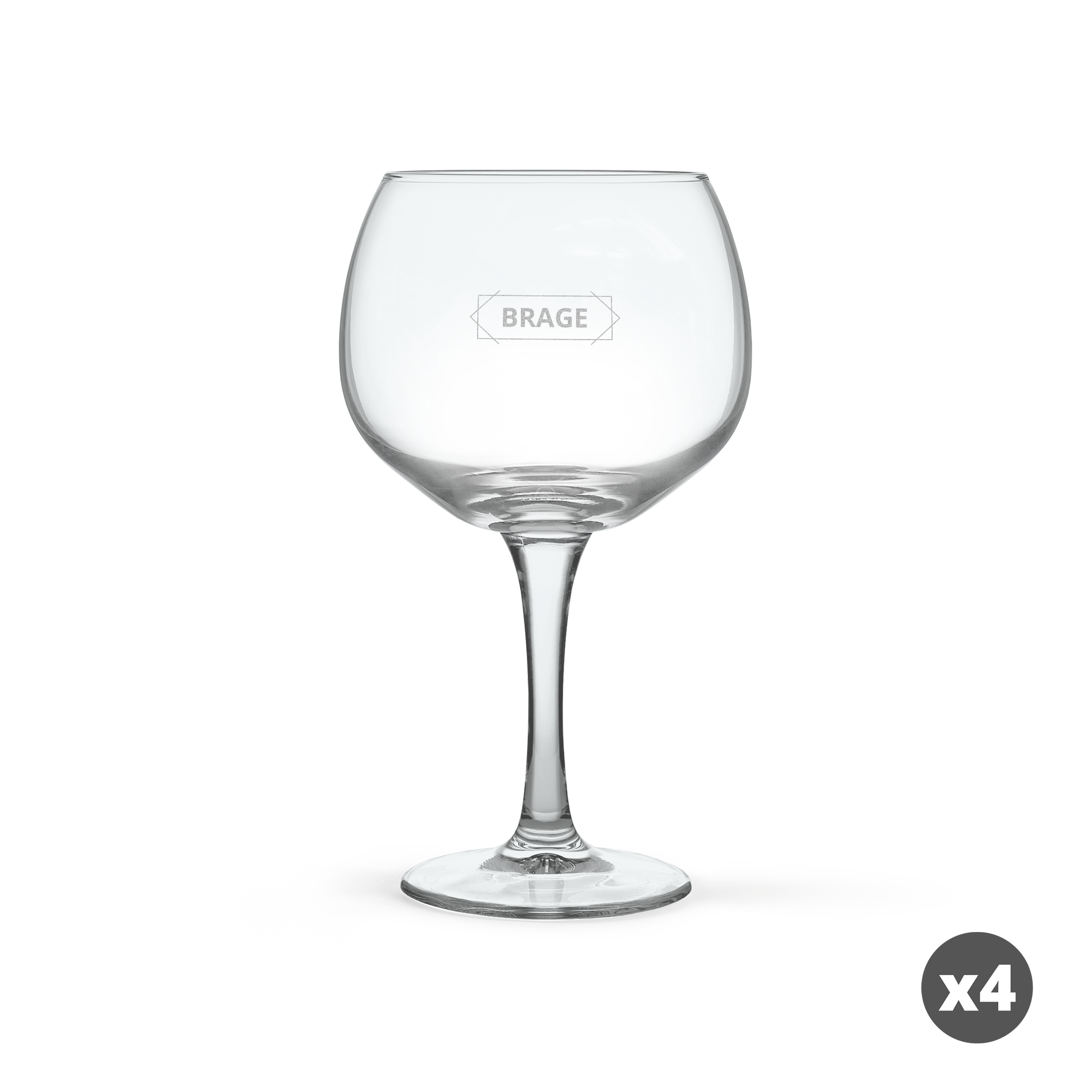 Gravert gin tonic-glass med navnet "BRAGE" og x4-ikon som indikerer sett.