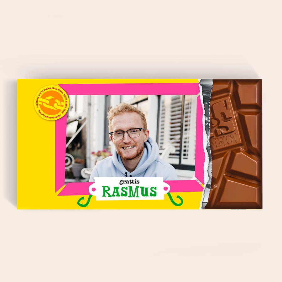 XL Tony's Chocolonely (5 chokladkakor) XL Tony's Chocolonely chokladkaka tryckt med foto av en man och texten grattis Rasmus