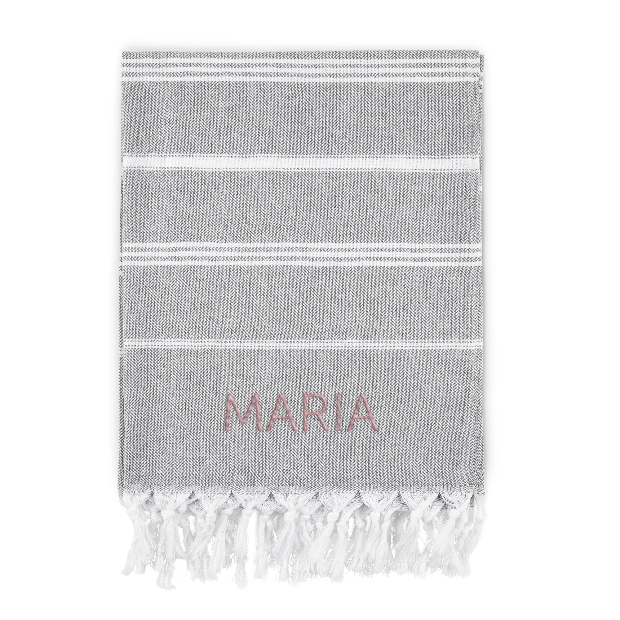 Grey and white striped personalised hammam towel with the name MARIA embroidered in pink. Bring on the summer.