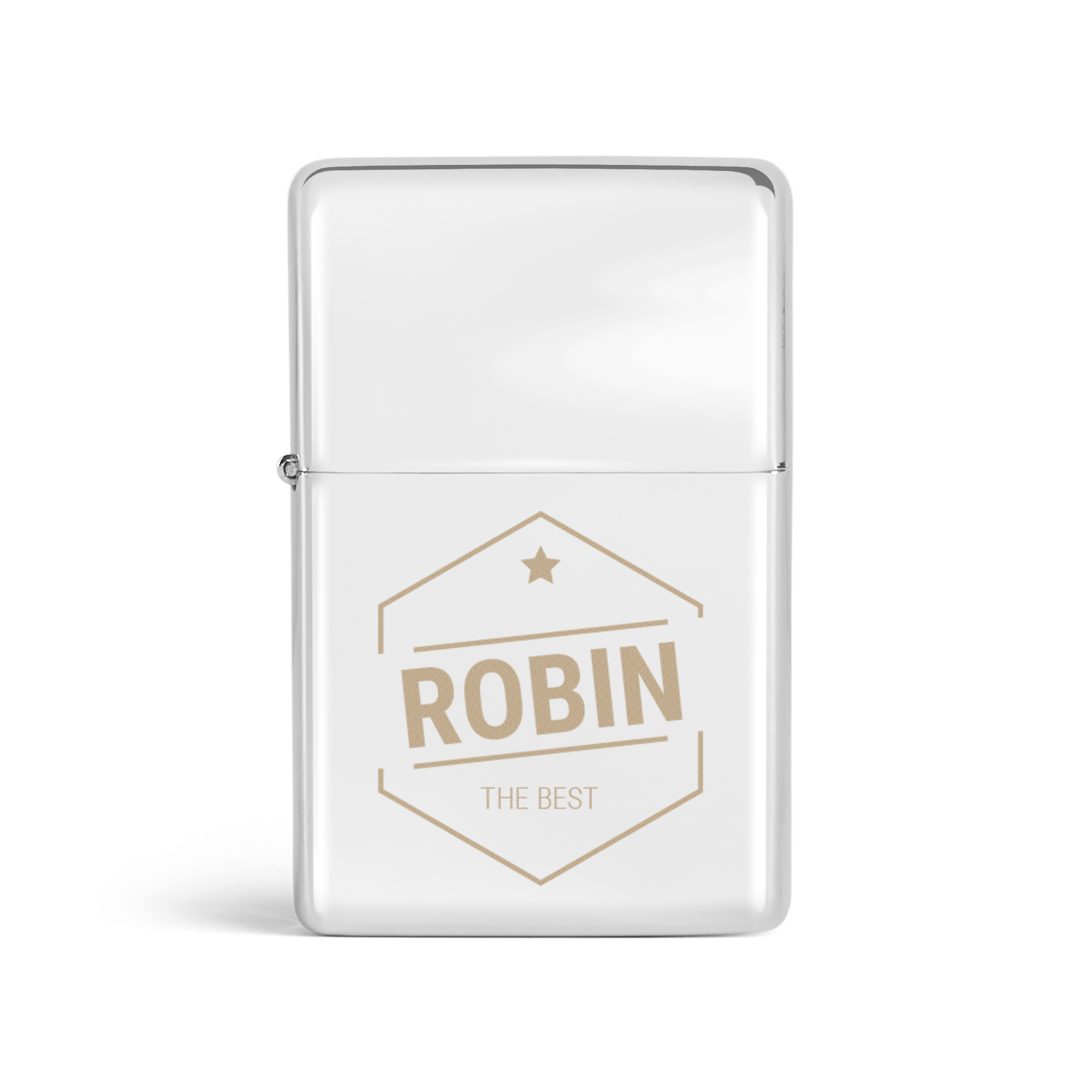 Encendedor plateado con nombre grabado, diseño hexagonal con la palabra ROBIN y un motivo de estrella, personalizable.