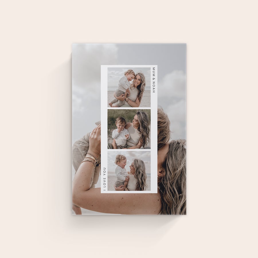 Pânză personalizată Pânză personalizată de înaltă calitate, cu 3 fotografii printate pe pânză, numele "MUM & NOAH" și textul "I LOVE YOU"