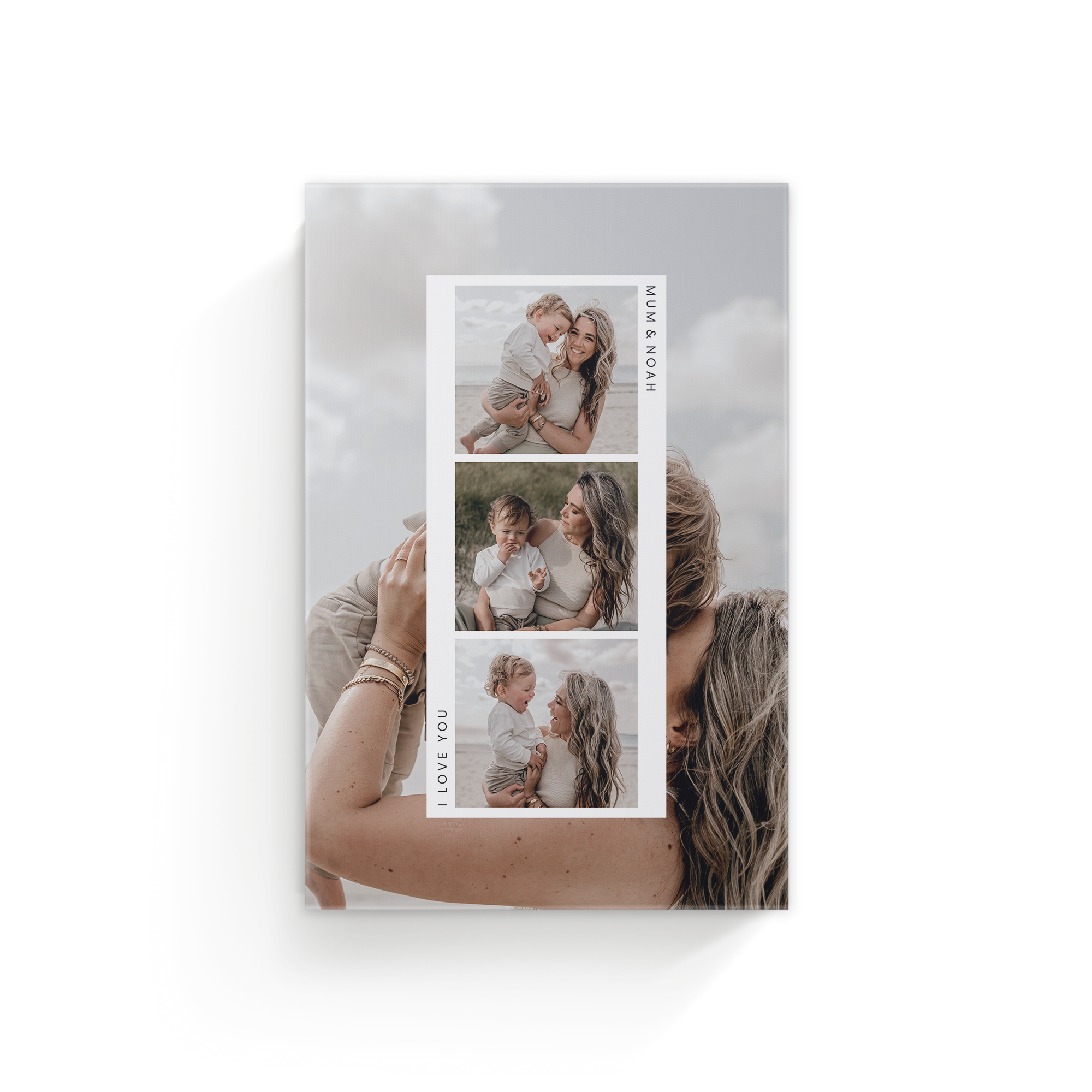 Personalised photo canvas with three photos of a mum and child printed with text "MUM & NOAH" and "I LOVE YOU"