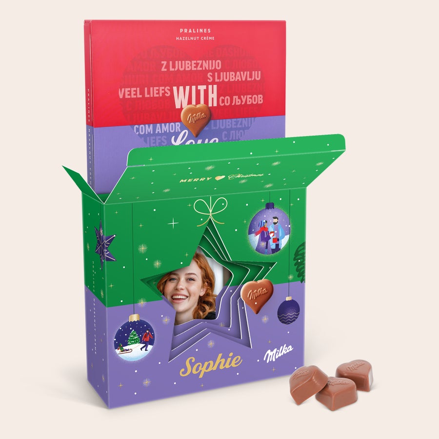 Corazones Milka en Caja de Regalo 3D Personalizada - Navidad Corazones Milka en Caja de Regalo 3D Personalizada - Navidad