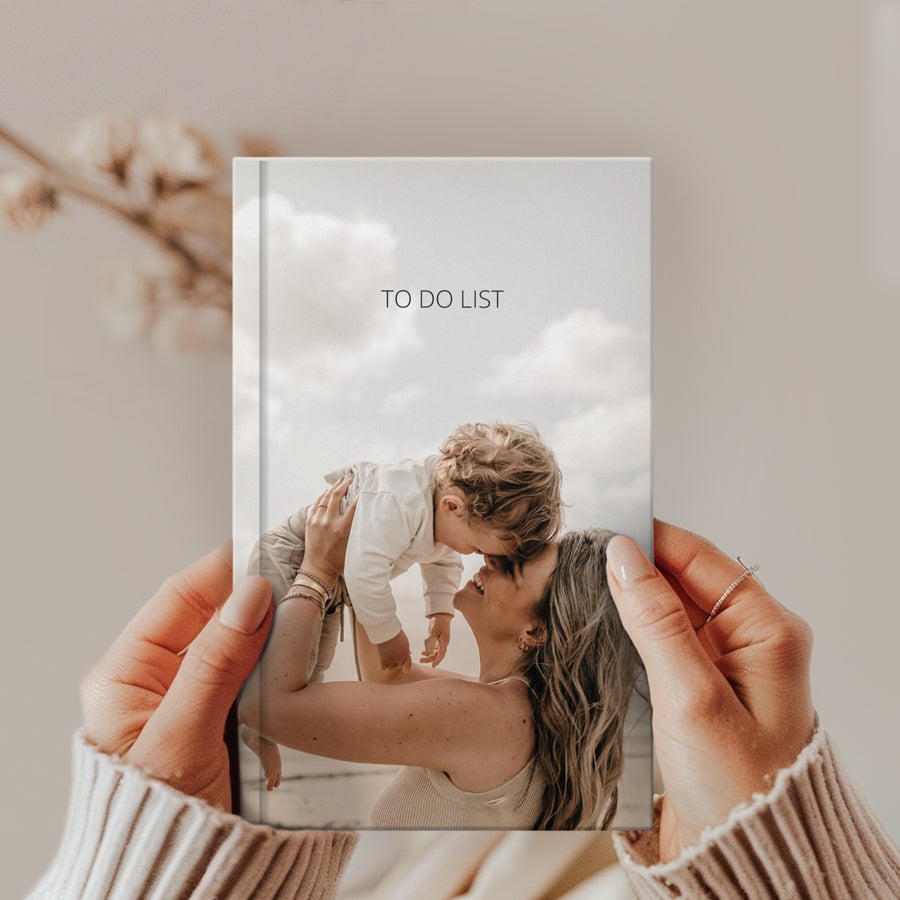 Notizbuch bedrucken Personalisiertes Notizbuch mit einem gedruckten Foto von Mutter und Kind und dem Text "TO DO LIST"