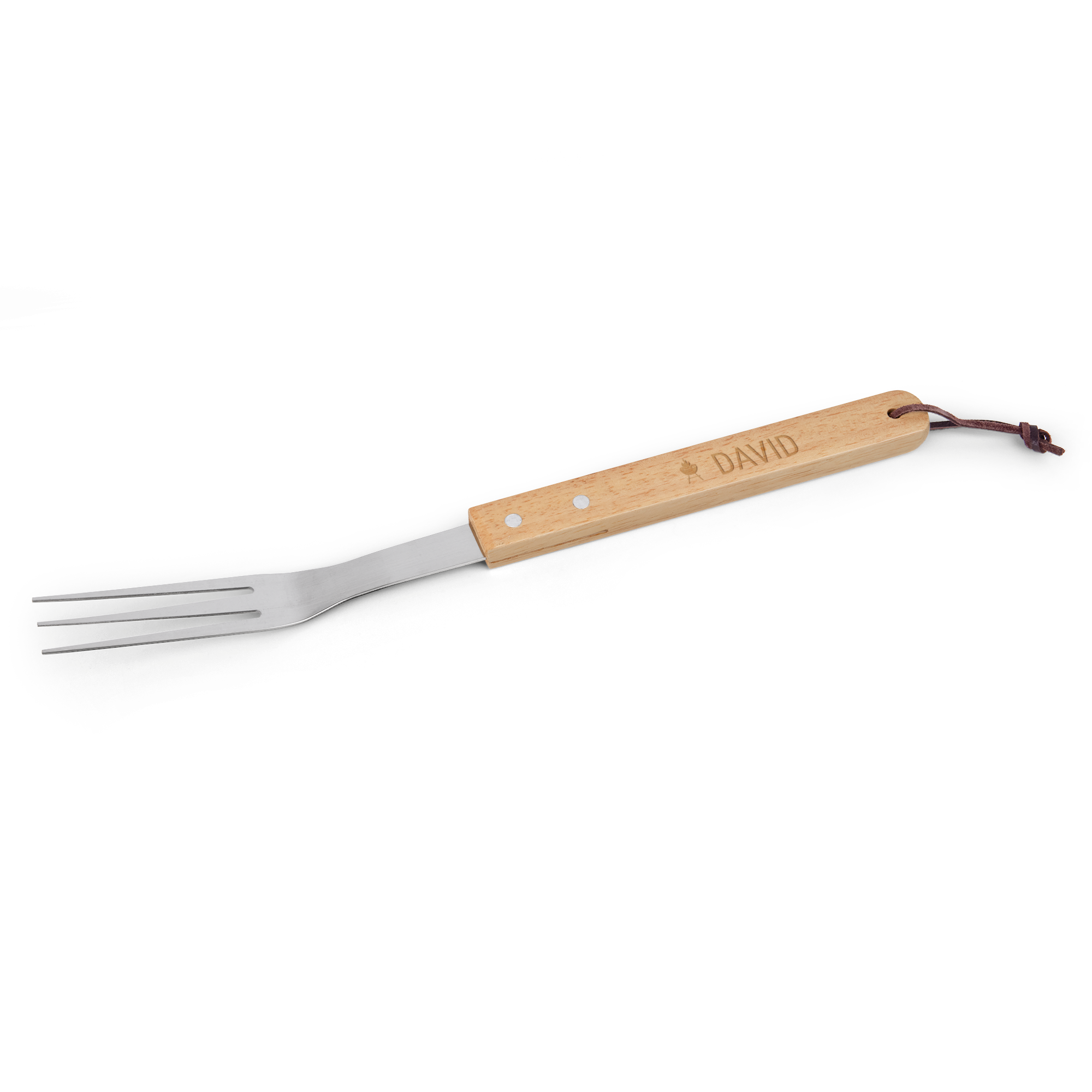 Personalized BBQ fork with "David" and grill icon engraved on the light wood handle