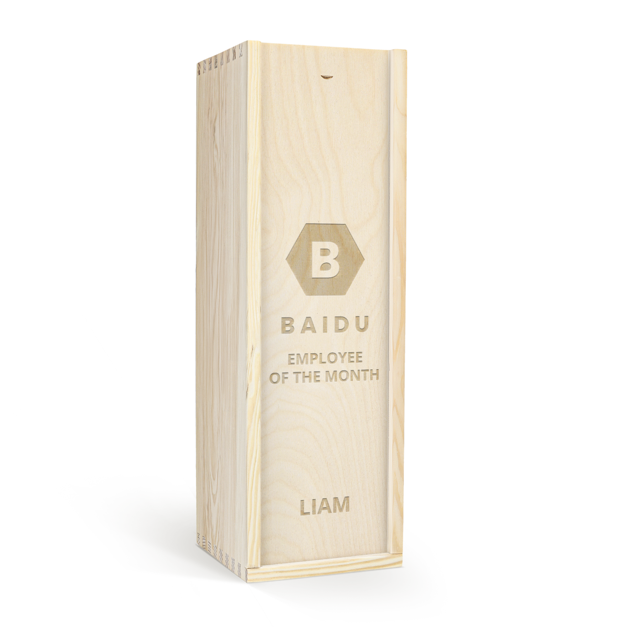 Caixa de madeira personalizada gravada com nome "LIAM" e texto "BAIDU EMPLOYEE OF THE MONTH" para cava Villa Conchi