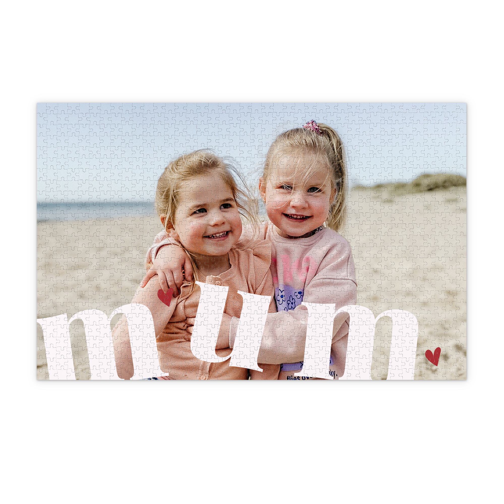 Puzzle personalizzato con foto stampata di due bambine e la scritta Mum. Sorprendi la tua mamma.
