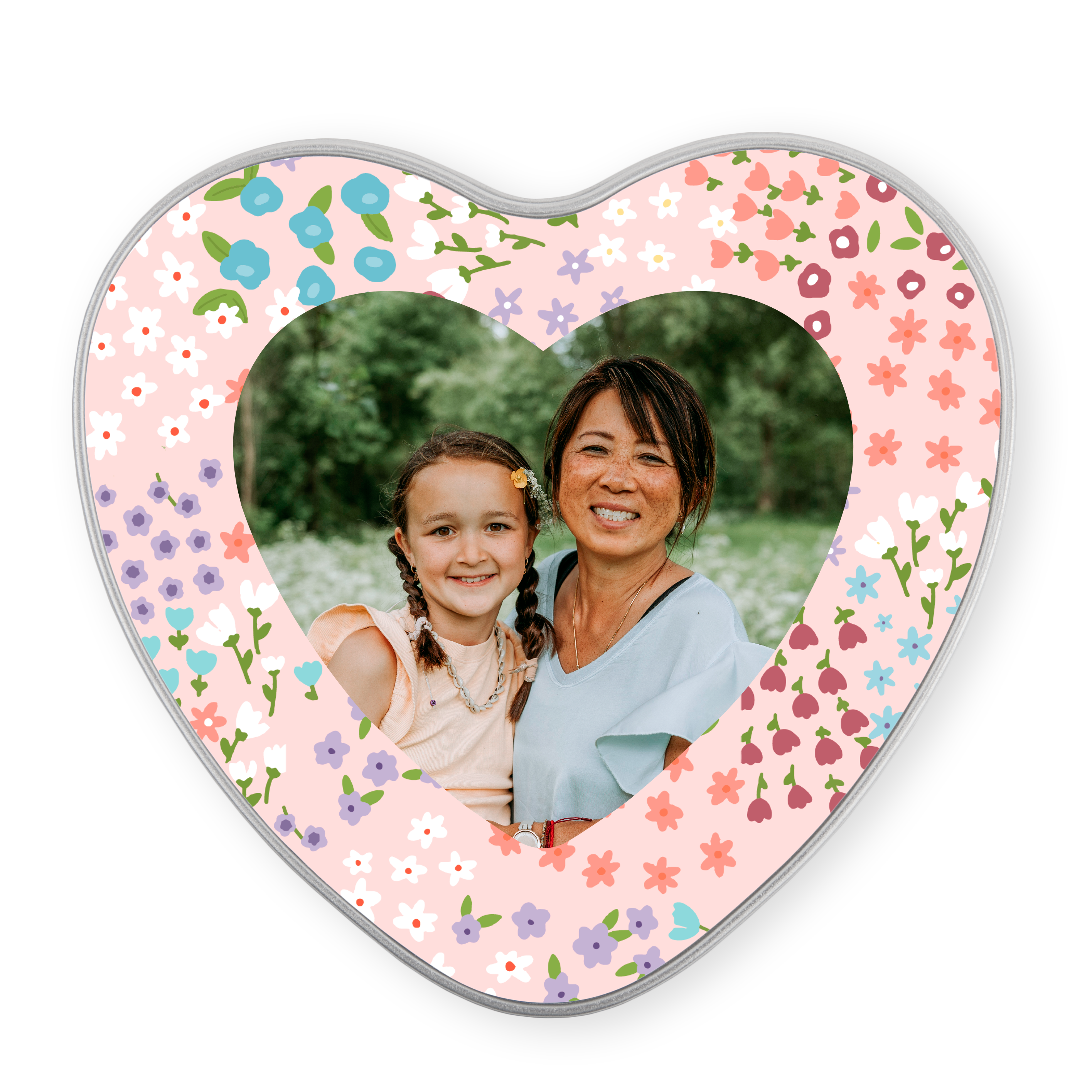 Lata de presente em coração personalizada com foto de mãe e filha, impressa com flores e chocolate Côte d'Or Mini Bouchée