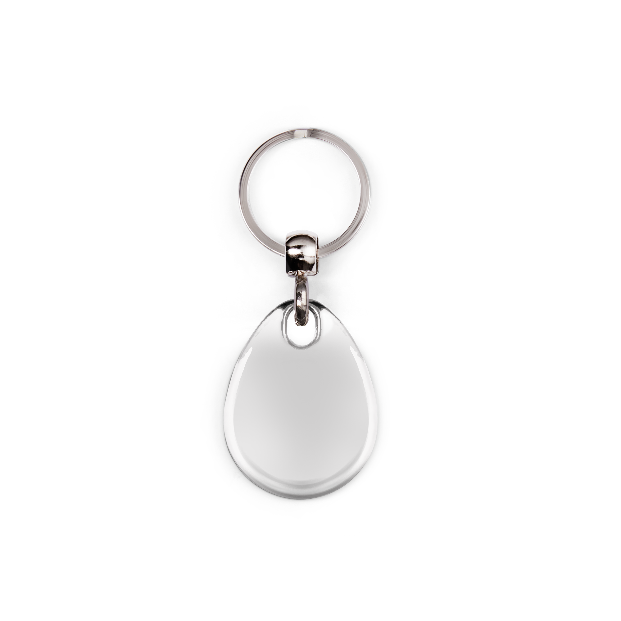 Porte-clé rond et original à personnaliser avec votre photo, un anneau en métal argenté et une étiquette imprimable en forme de goutte