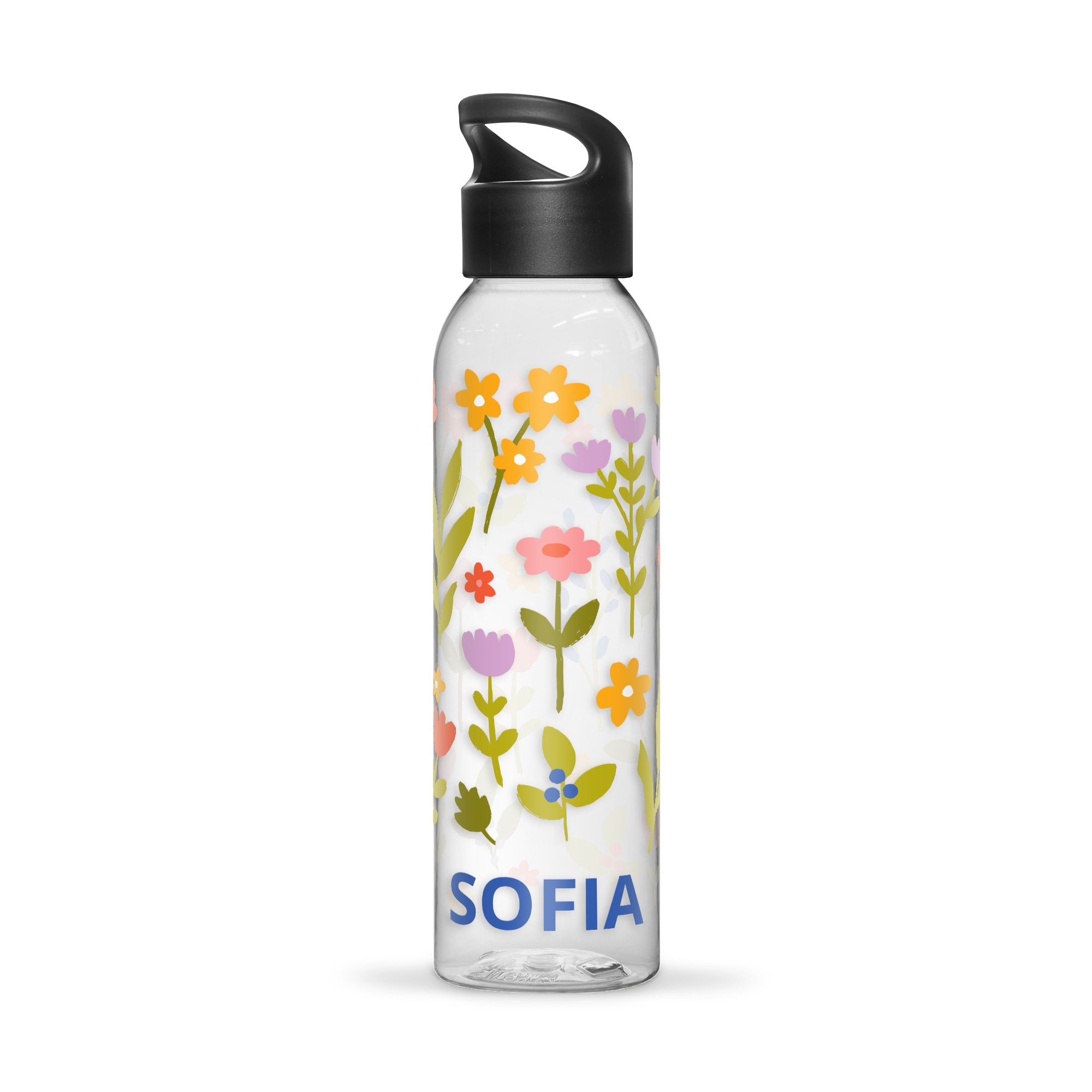 Personlig vattenflaska med färgstarkt blommönster och namnet Sofia i blått, tryckt med egen design