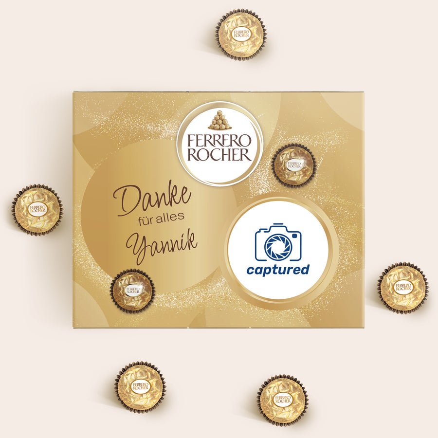 Ferrero Rocher personalisiert Personalisiertes Ferrero Rocher Geschenk mit gedruckter Danksagung für Yannik und Foto