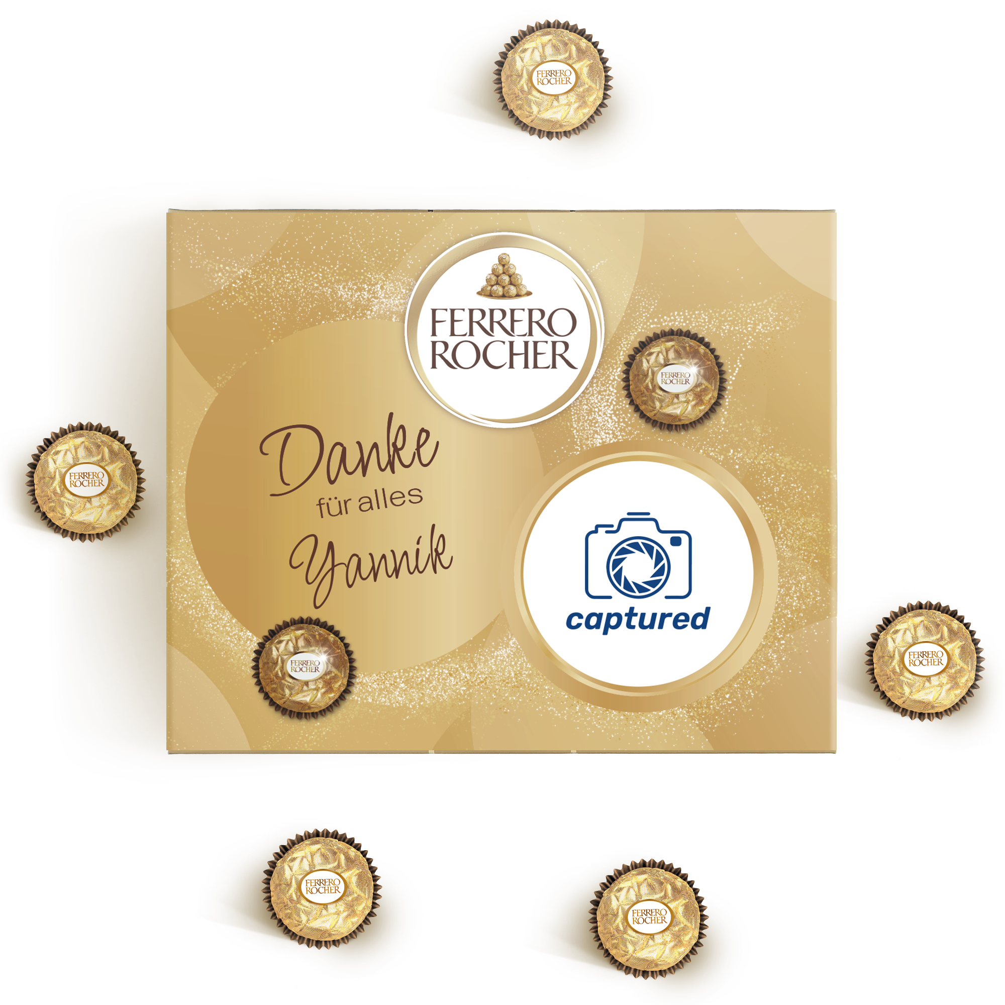 Personalisiertes Ferrero Rocher Geschenk mit gedruckter Danksagung für Yannik und Foto