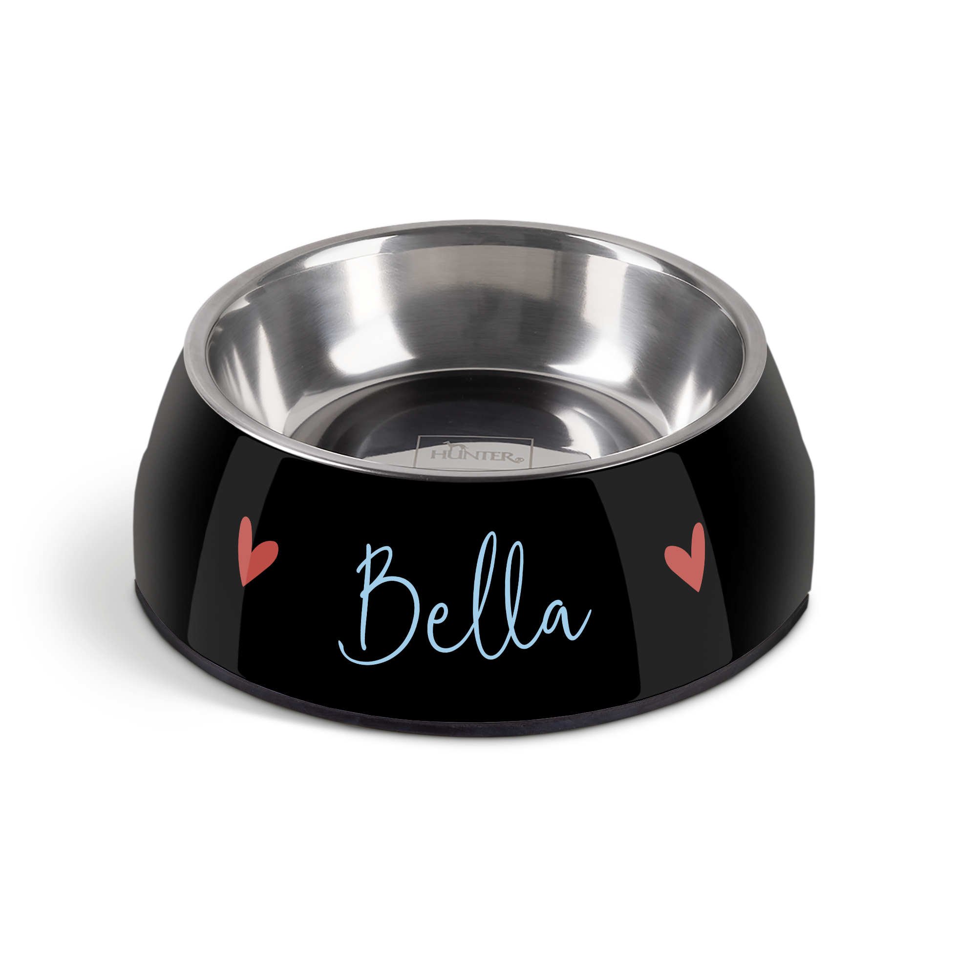 Personlig madskål til hunde, sort med navnet Bella printet i lyseblåt og to røde hjerter.